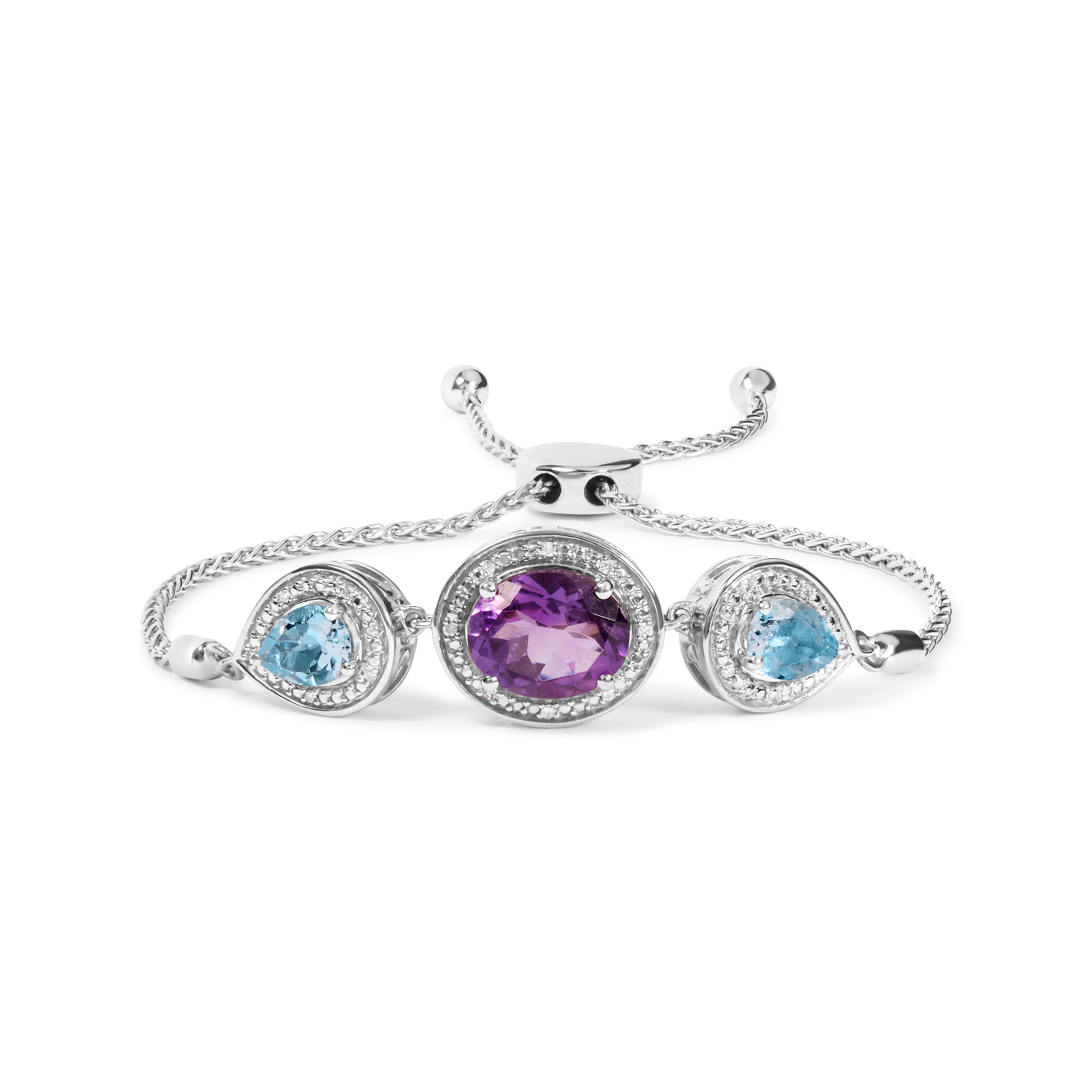 .925 Sterling Silver Oval Amethyst and Pear Blue Topaz with Diamond Accent Lariat 4â€-10†Adjustable Bolo Bracelet (H-I Color, SI1-SI2 Clarity) by Bids.com
