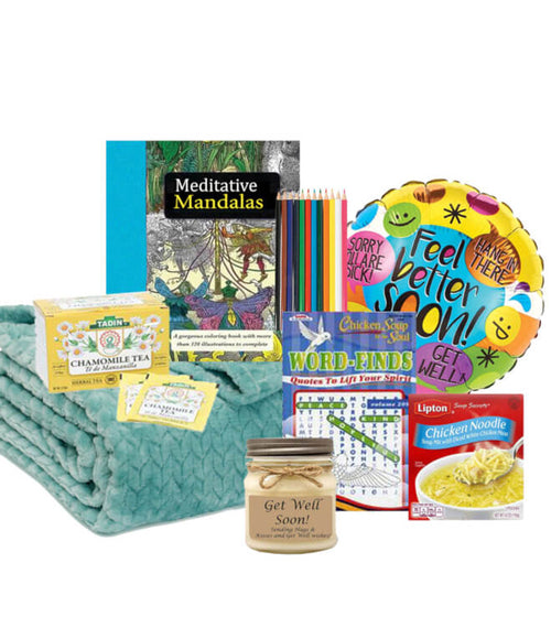Feel Better Soon Gift Set - Blanket, Coloring Book & Balloon for Women