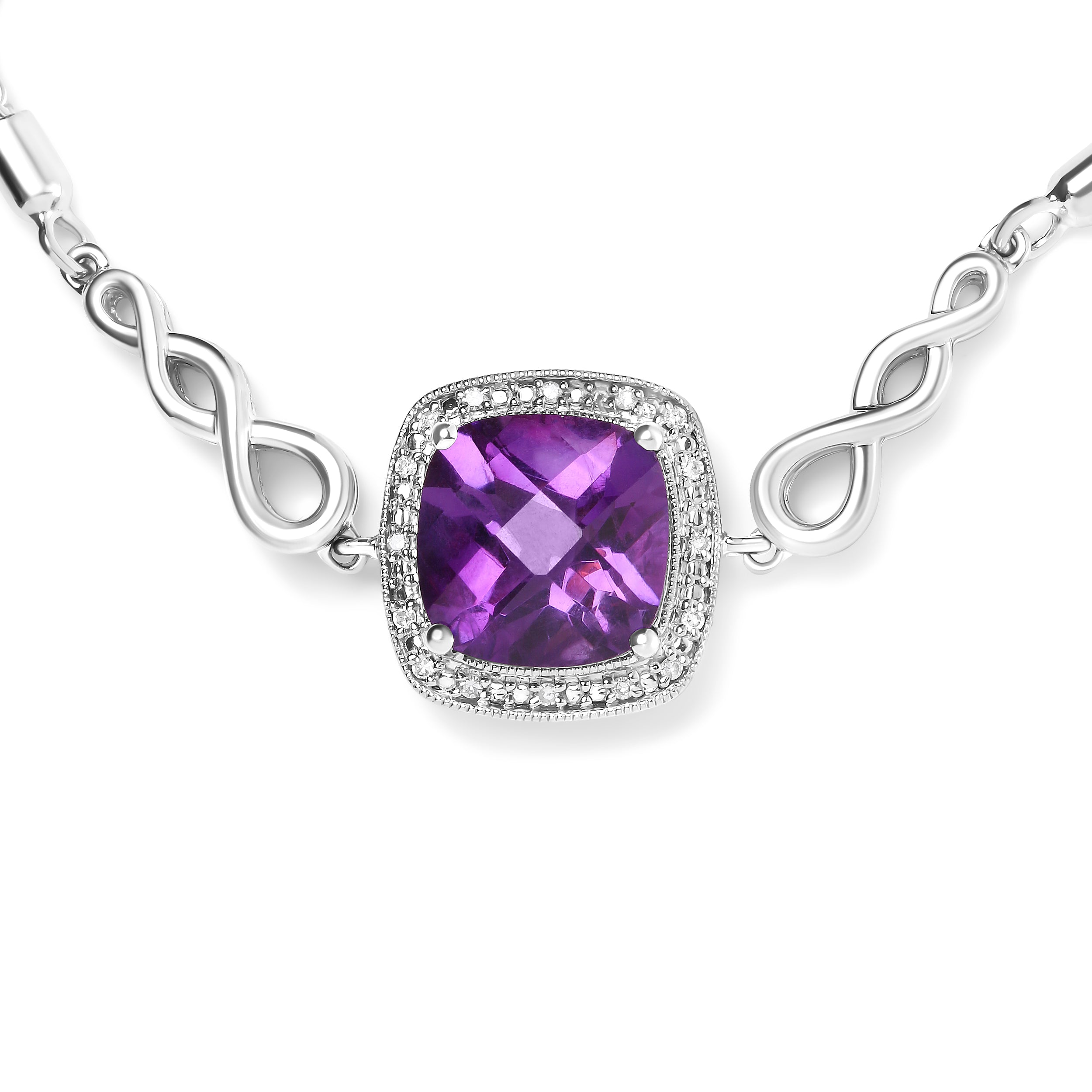 .925 Sterling Silver 10mm Cushion Cut Amethyst Gemstone and Diamond Accent Lariat 4â€-10†Adjustable Bolo Bracelet (H-I Color, SI1-SI2 Clarity) DestGlow