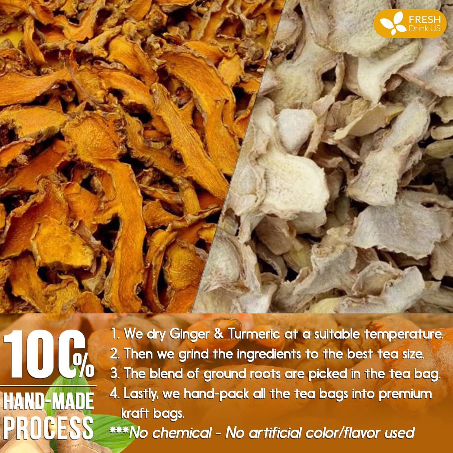 Premium Ginger Turmeric Tea Bags, Hand-made Blend of Ginger and Turmeric Herbal Tea, Eco-conscious Tea Bags. No Sugar, No Caffeine, No Gluten, Vegan. by FreshDrinkUS - Natural and Premium Herbal Tea