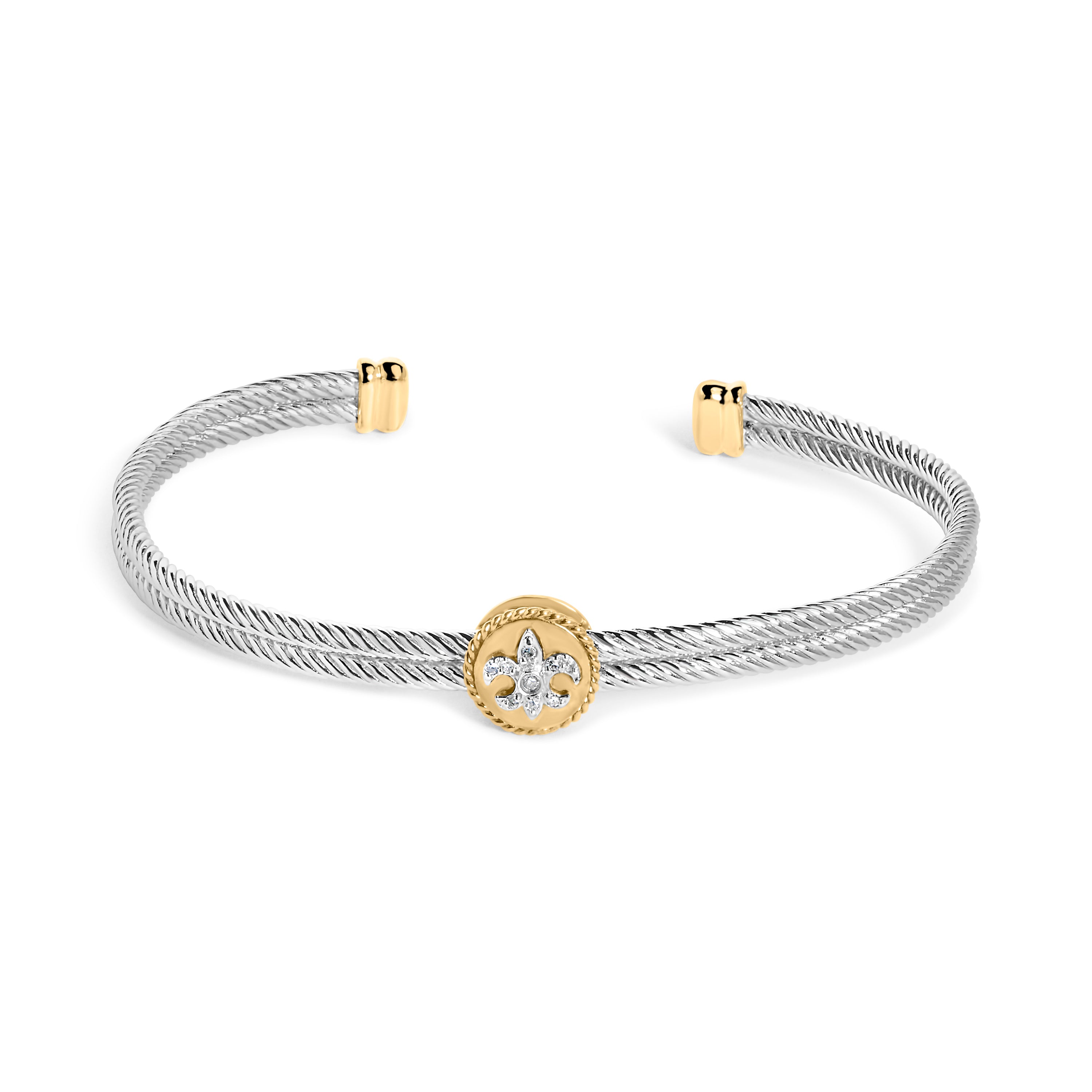 18K Yellow Gold Plated .925 Sterling Silver Diamond Accent and Fleur Di Lis Medallion Bangle Bracelet (I-J Color, SI1-SI2 Clarity) - 7.25 Inches by Bids.com