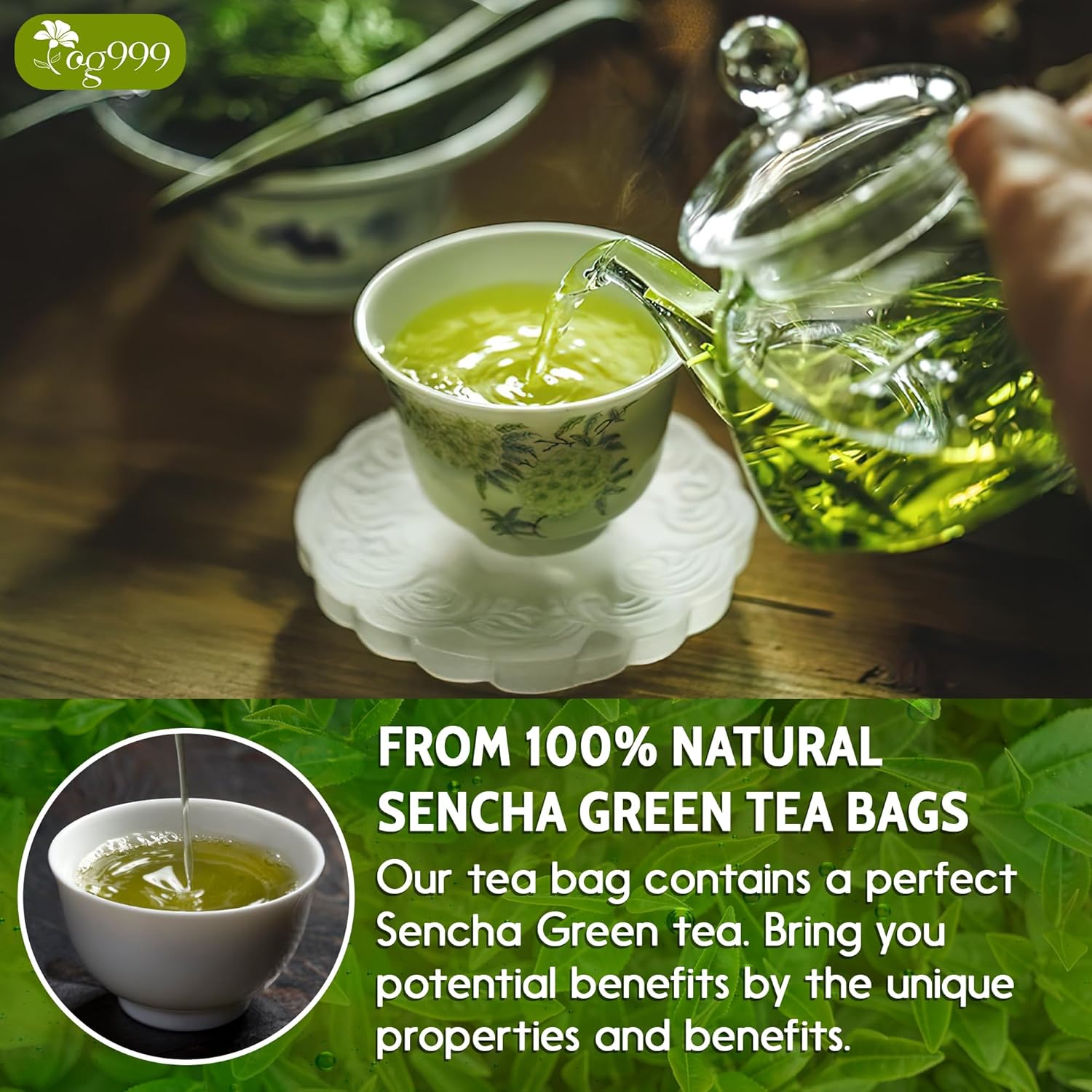 Premium Sencha Green Tea Bags, 100% Natural & Pure from Sencha Green Tea Leaves by FreshDrinkUS - Natural and Premium Herbal Tea
