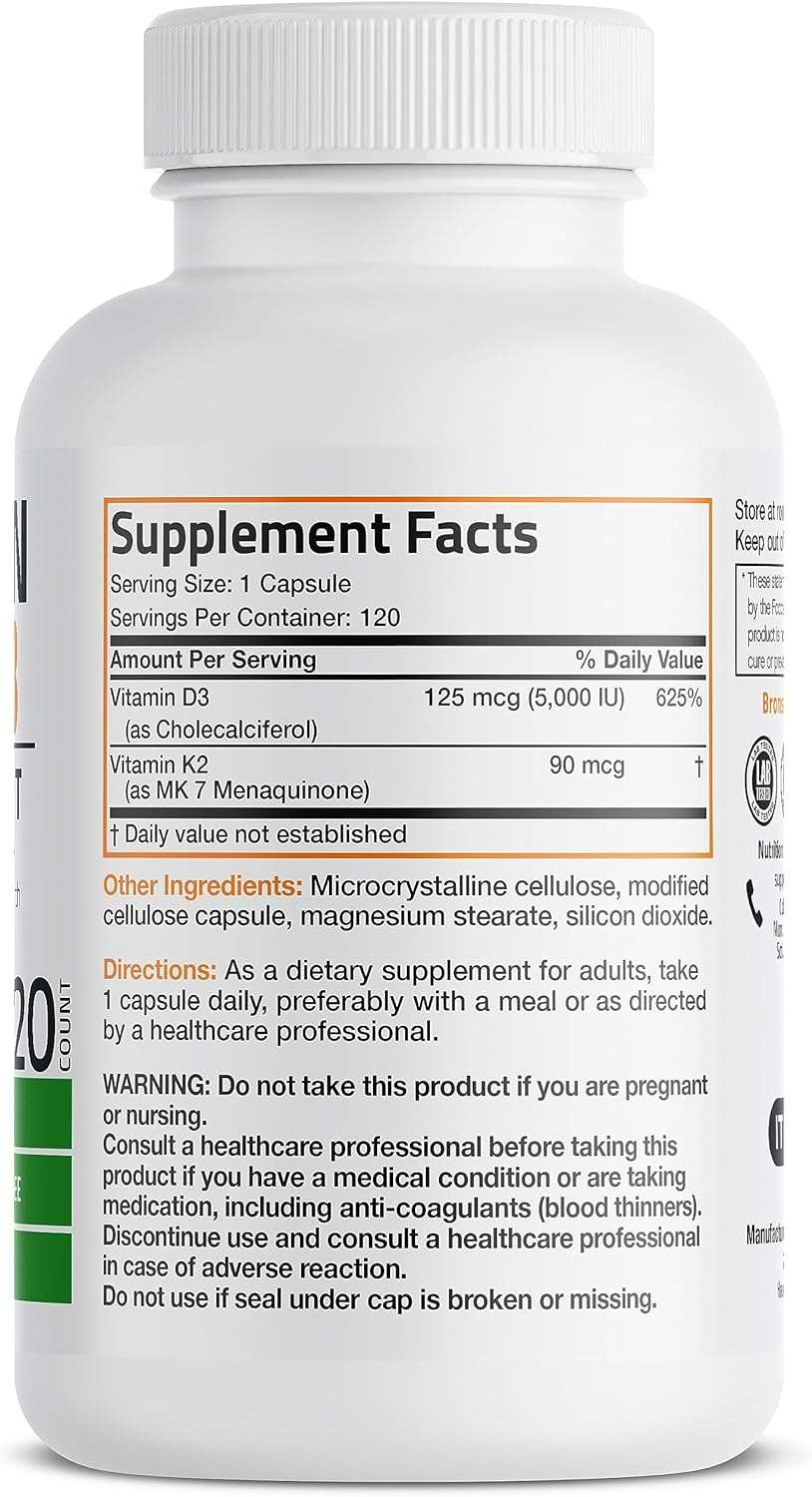 Bronson Vitamin K2 (MK7) with D3 Supplement Non-GMO Formula 5000 IU Vitamin D3 & 90 mcg Vitamin K2 MK-7 Easy to Swallow Vitamin D & K Complex, 120 Capsules by NutritionAdvice