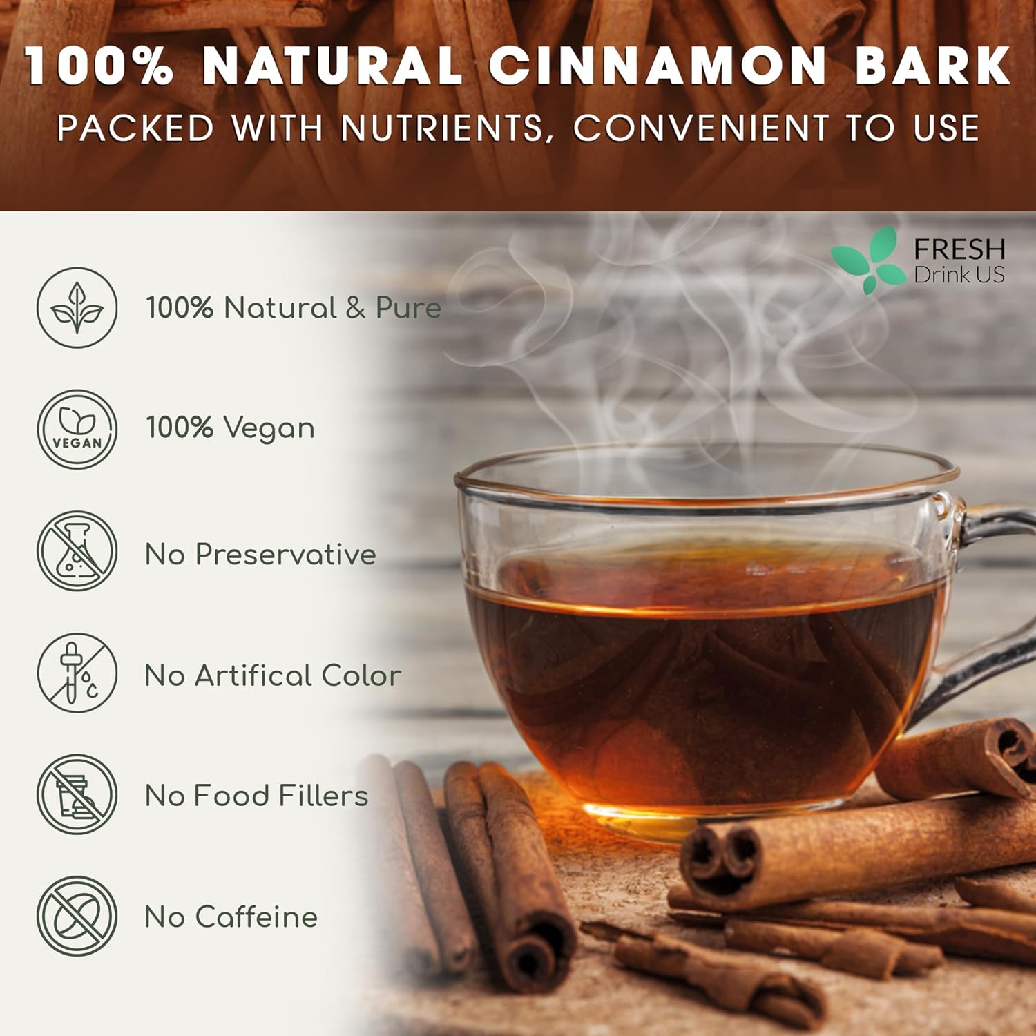Cinnamon Sticks, Whole Sticks, 100% Natural & Pure Cinnamon Inner Bark, Raw Cinnamon Spice Flavor & Strong Aroma, Cinnamon Spice Herbal Tea, Perfect for Warm Beverages, No Additives, Vegan by FreshDrinkUS - Natural and Premium Herbal Tea