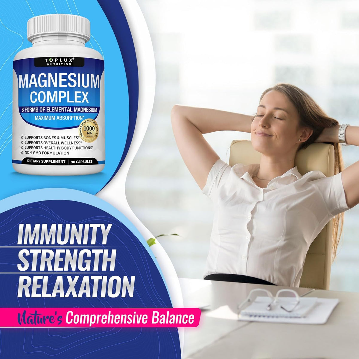 Magnesium Complex Supplement 8 Elemental 1000mg - Magnesium Glycinate, Citrate, Malate, Taurate, Chelated for Easy Absorption for Bones, Muscle, Recovery, Energy, Vegan Non-GMO 90 Capsules DestGlow