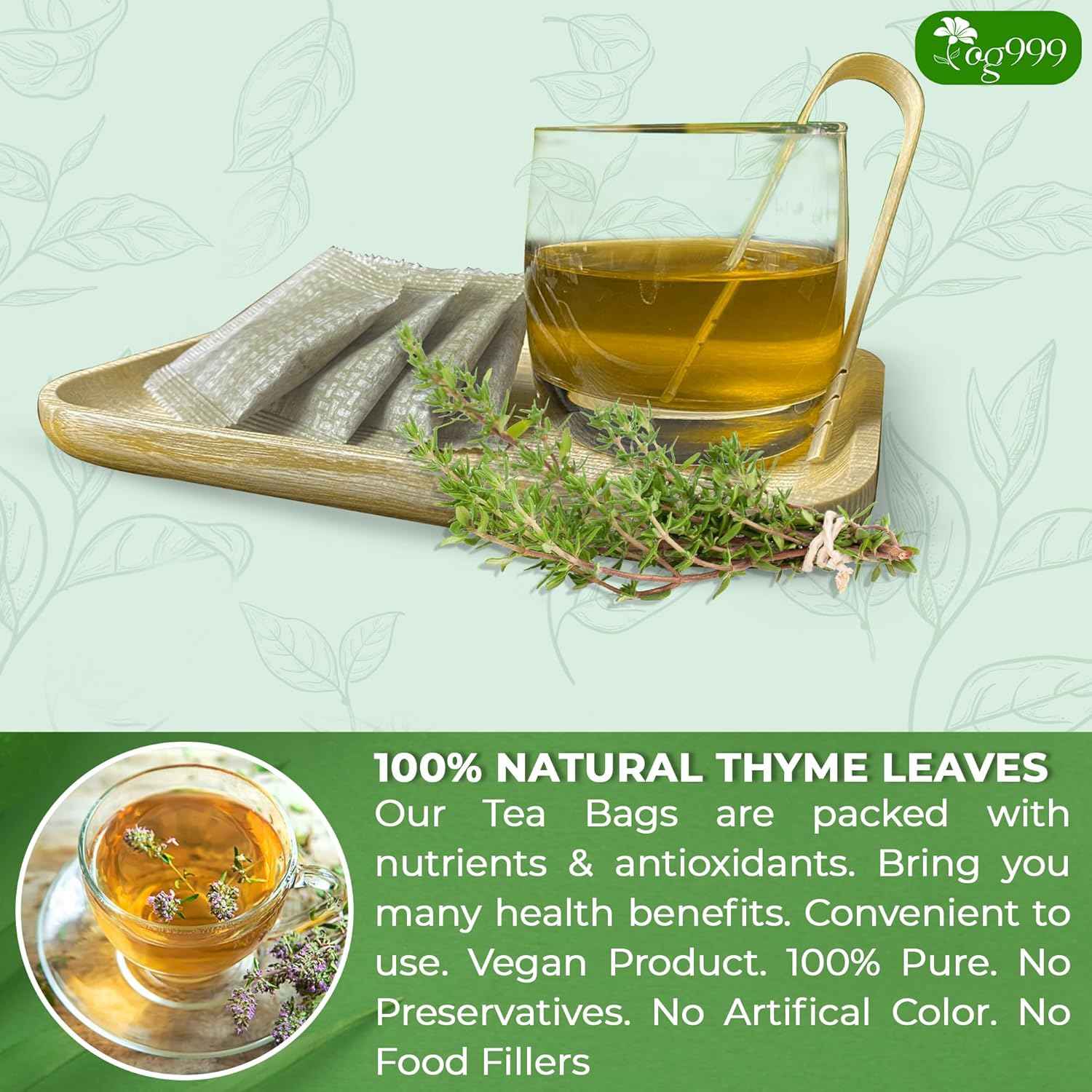 Premium 40 Thyme Leaf Tea Bags, 100% Natural & Pure, Loose Leaf Herbal Tea.