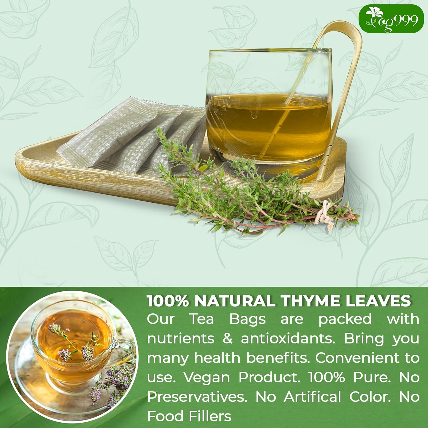 Premium 40 Thyme Leaf Tea Bags, 100% Natural & Pure, Loose Leaf Herbal Tea. by FreshDrinkUS - Natural and Premium Herbal Tea