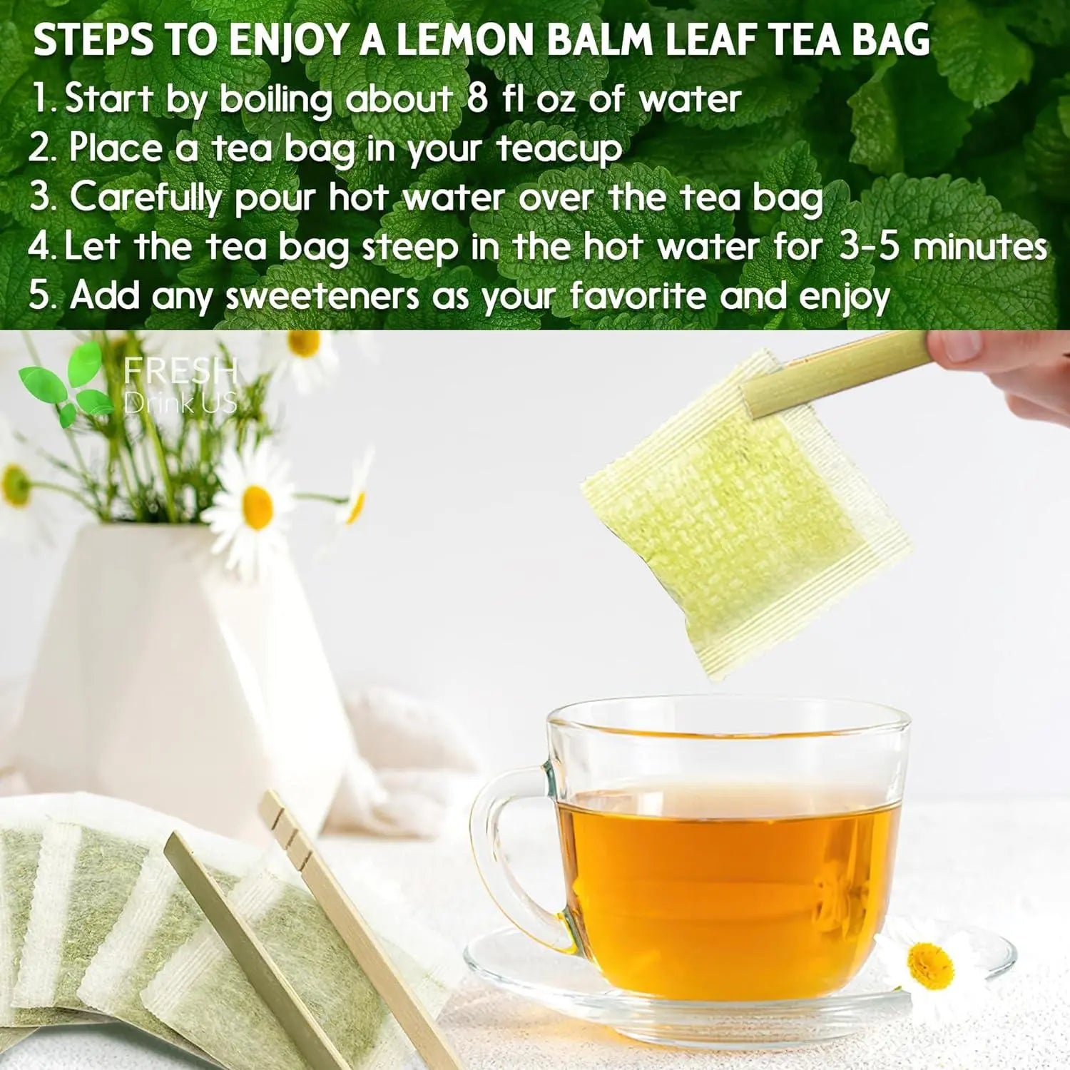 Premium Lemon Balm Leaf Tea Bags, 100% Natural & Pure from Lemon Balm Leaves. Loose Leaf Lemon Balm Herbal Tea. Lemon Balm Leaf Tea. No Sugar, No Caffeine, No Gluten, Vegan. by FreshDrinkUS - Natural and Premium Herbal Tea