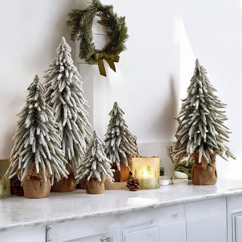 Snow Covered Christmas Trees - Set of 4 Realistic Faux Trees with Jute Base