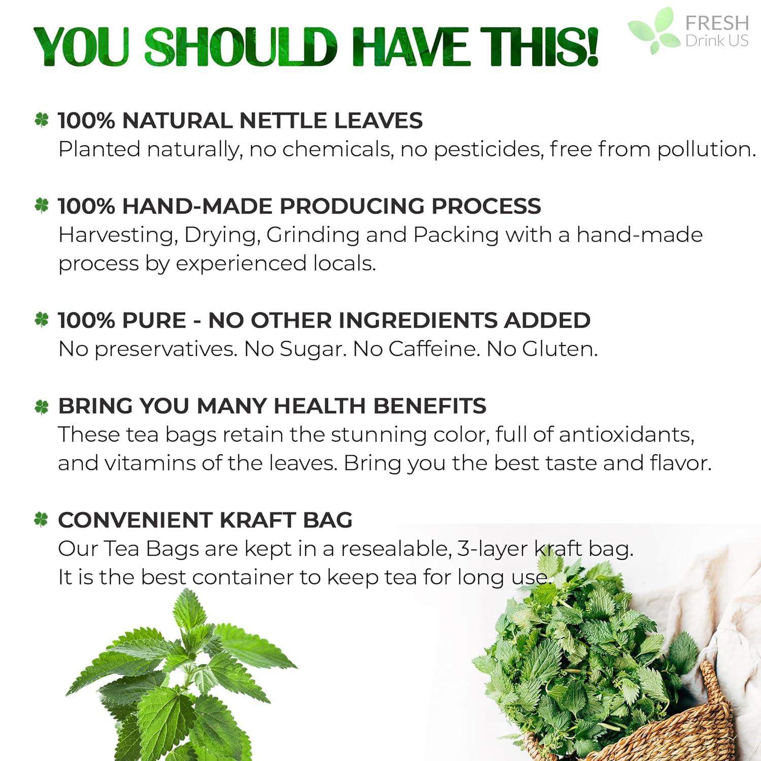 Premium Nettle Leaf Tea Bags, 100% Natural & Pure, Stinging Nettle Leaf Tea, Nettle Leaf Tea, Burn Nettle, Stinging Nettle, Nettle Tea, Stinger Tea, No Sugar/Caffeine & Gluten, Vegan by FreshDrinkUS - Natural and Premium Herbal Tea