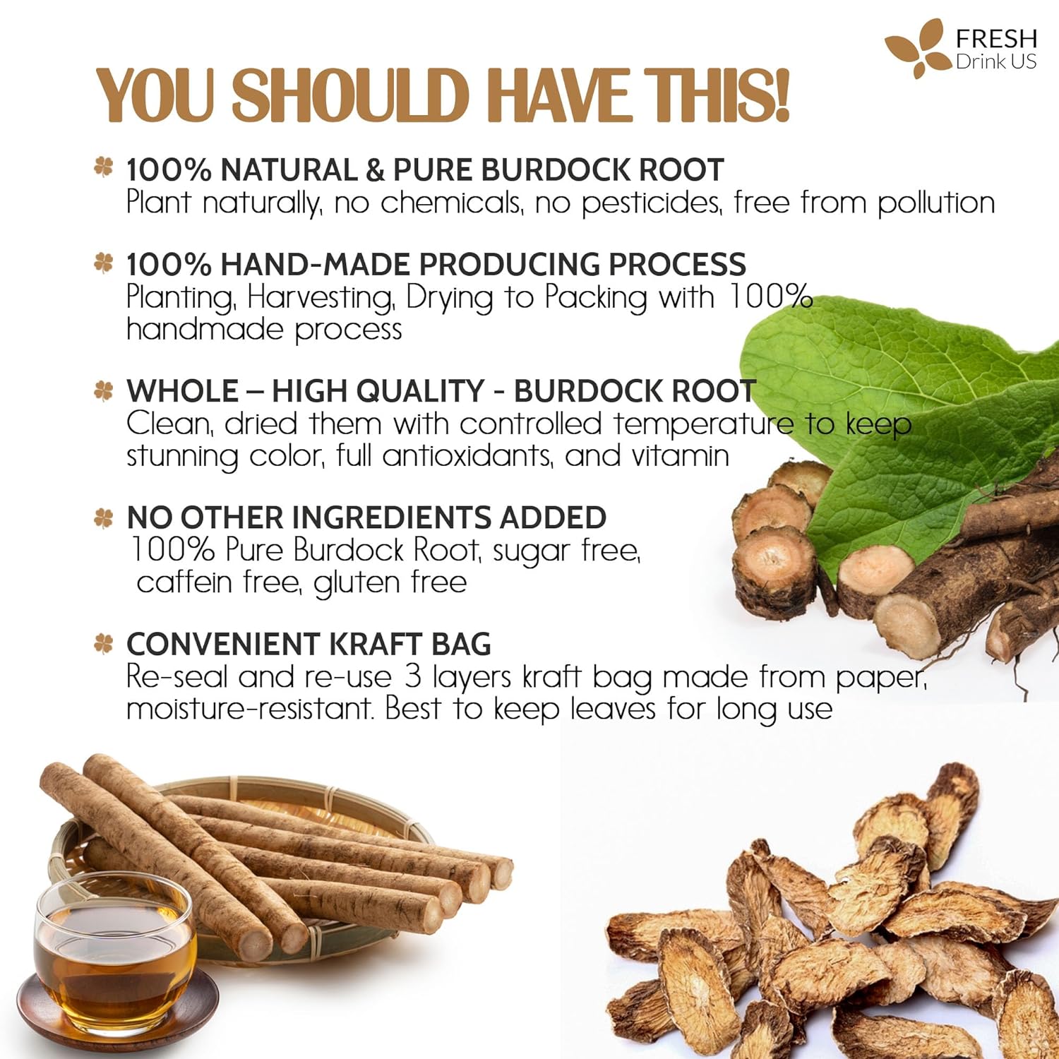 Burdock Root Tea Bags, 100% Natural & Pure from Burdock Root. Burdock Root Herbal Tea. Burdock Root Tea. No Sugar, No Caffeine, No Gluten, Vegan. by FreshDrinkUS - Natural and Premium Herbal Tea