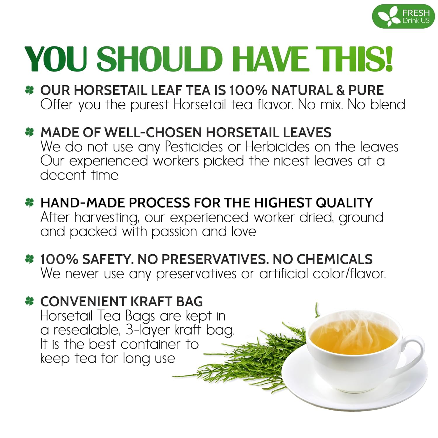 Premium Horsetail Leaf Tea Bags, 100% Natural & Pure from Horsetail Loose Leaves Herbal Tea. No Sugar, No Caffeine, No Gluten, Vegan. by FreshDrinkUS - Natural and Premium Herbal Tea