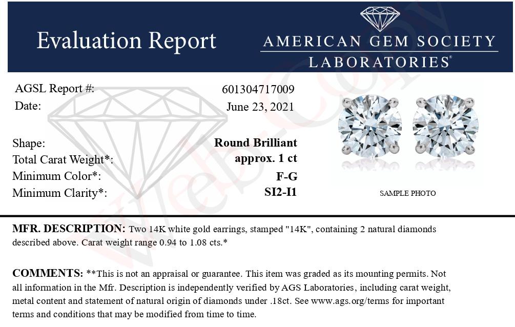 AGS Certified 14K White Gold 1.0 Cttw 4-Prong Set Brilliant Round-Cut Solitaire Diamond Push Back Stud Earrings (F-G Color, SI2-I1 Clarity) by Bids.com