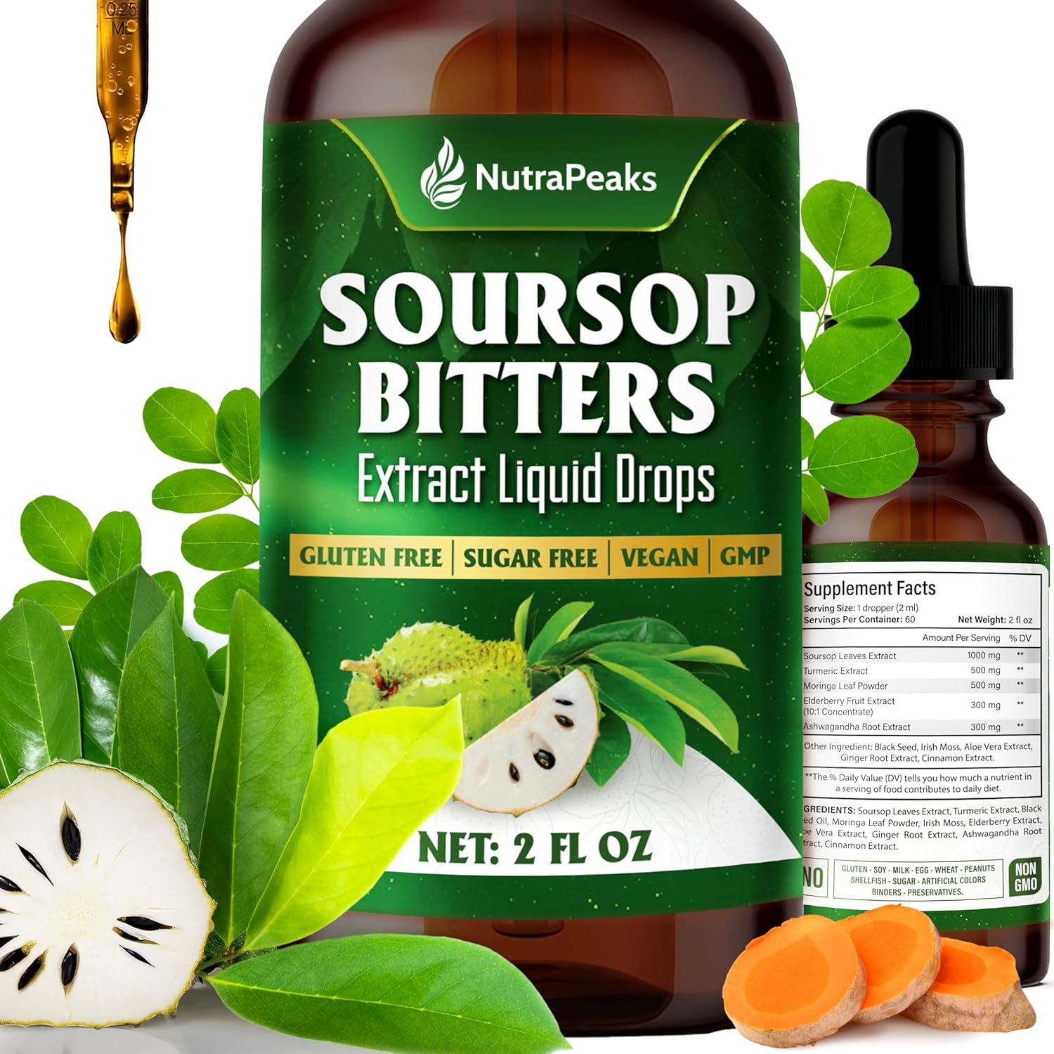 Soursop Bitters Liquid Drops – Premium Herbal Blend with Soursop Leaves, Black Seed, Moringa, Ashwagandha, Senna, Goat Weed & Ginger, 2 fl oz by FreshDrinkUS - Natural and Premium Herbal Tea