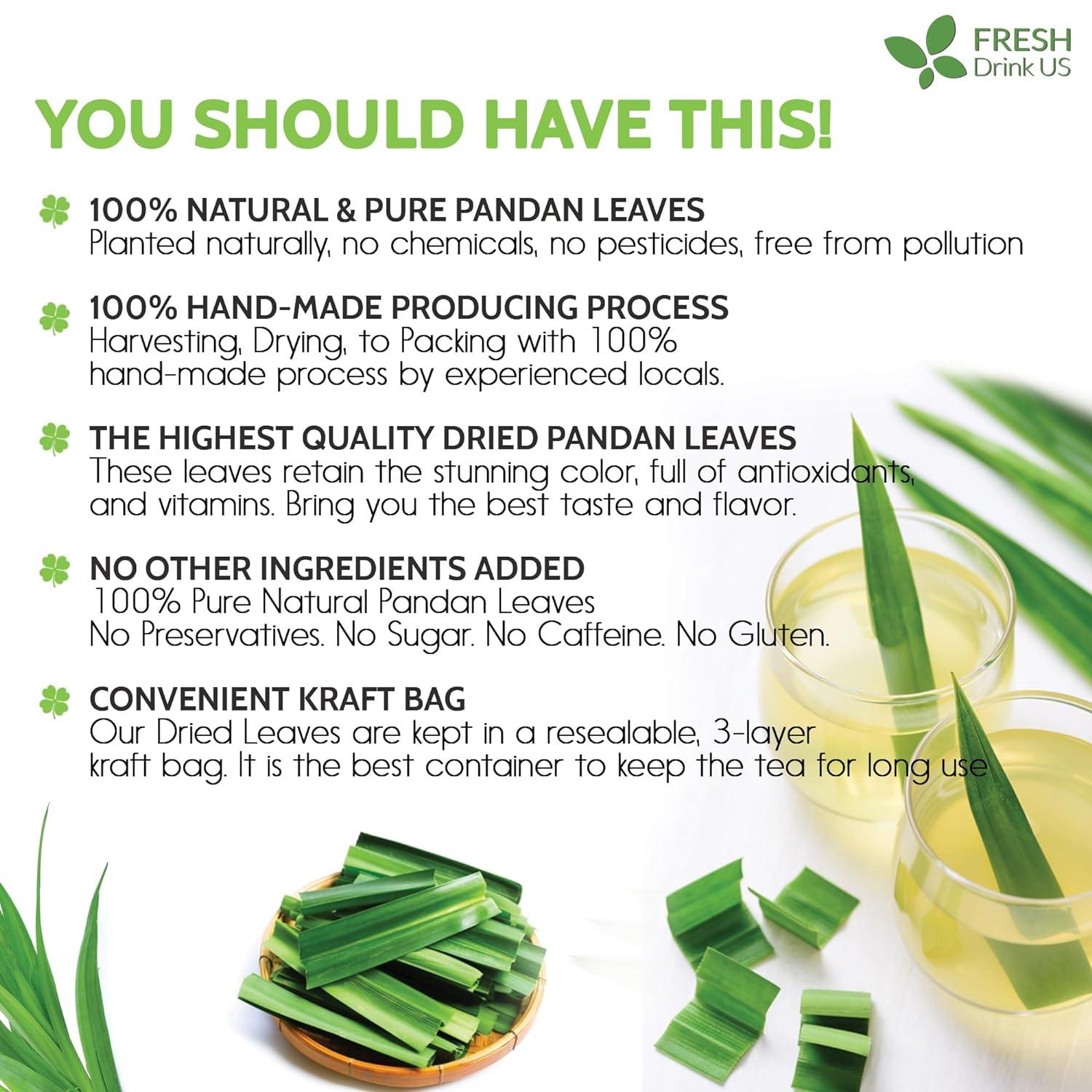Natural Pandan Leaves Dried, Pandan Leaf Powder, 100% Pure Dried Pandan Leaves, Pandan Leaf Tea, No Additives, No Caffeine, Vegan by FreshDrinkUS - Natural and Premium Herbal Tea