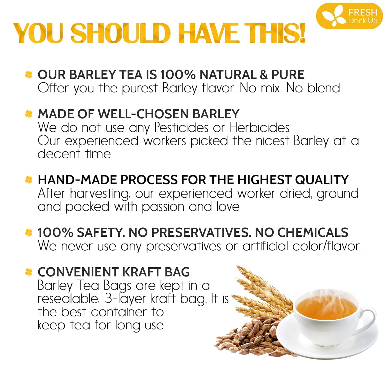 Premium Barley Tea Bags, 100% Natural & Pure from Barley. Loose Barey Herbal Tea. No Sugar, No Caffeine, No Gluten, Vegan. by FreshDrinkUS - Natural and Premium Herbal Tea