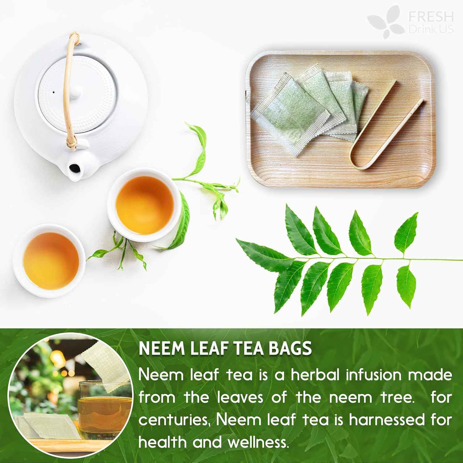 Neem Leaf Tea Bags, 100% Natural and Pure from Neem Leaves. Loose Leaf Neem Herbal Tea. Neem Leaf Tea. No Sugar, No Caffeine, No Gluten, Vegan.