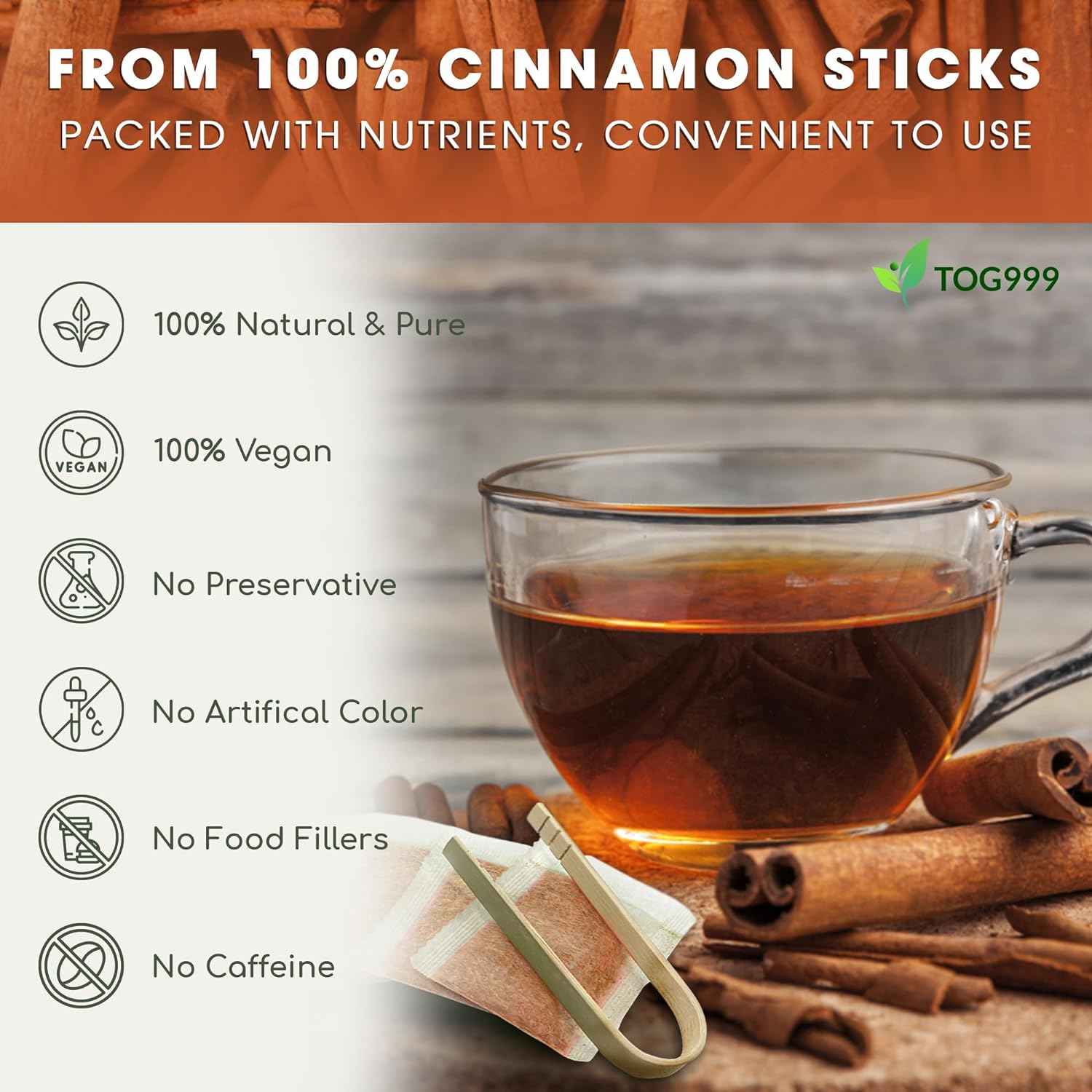 Pure Cinnamon Tea, 100% Natural & Pure Cinnamon. Cinnamon Herbal Tea. Cinnamon Stick Herbal Spice Tea. No Sugar, No Caffeine, No Gluten, Vegan.