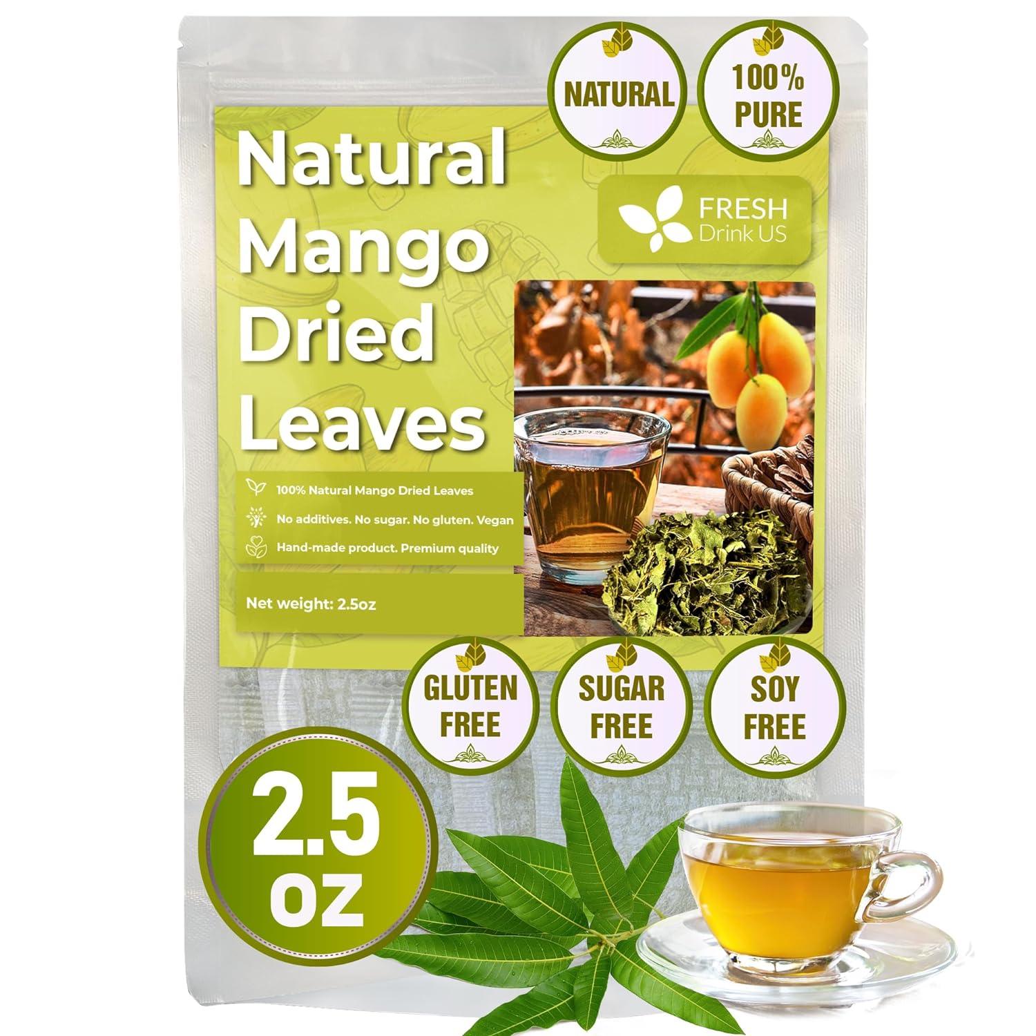 Mango Leaf, Whole Dried Leaves, Tea Bags, Powder, 100% Natural & Pure from Mango Leaves. Mango Dried Leaves. Loose Leaf Mango Herbal Tea. Mango Leaf Tea. No Sugar, No Caffeine, No Gluten, Vegan. by FreshDrinkUS - Natural and Premium Herbal Tea