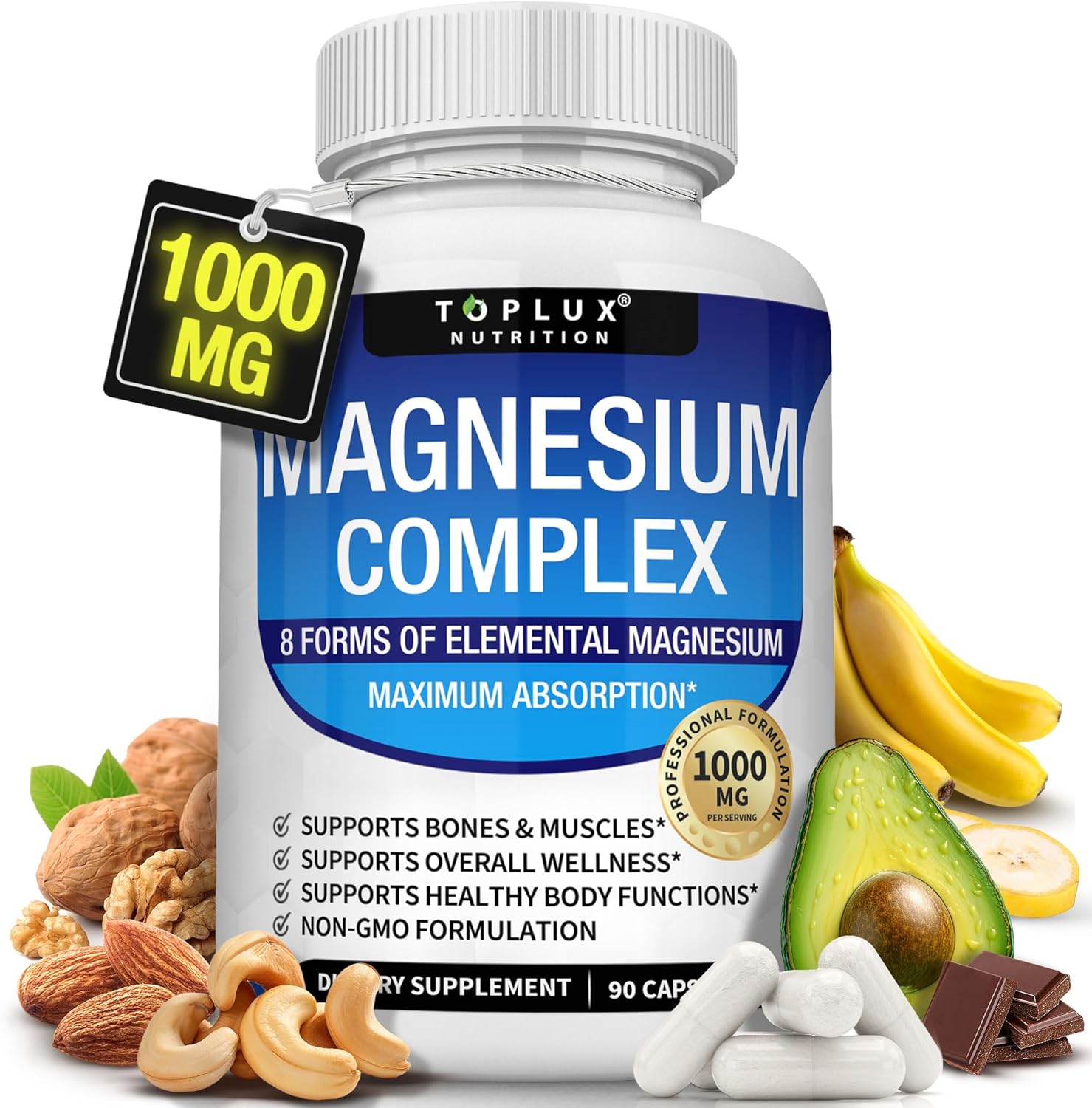 Magnesium Complex Supplement 8 Elemental 1000mg - Magnesium Glycinate, Citrate, Malate, Taurate, Chelated for Easy Absorption for Bones, Muscle, Recovery, Energy, Vegan Non-GMO 90 Capsules DestGlow