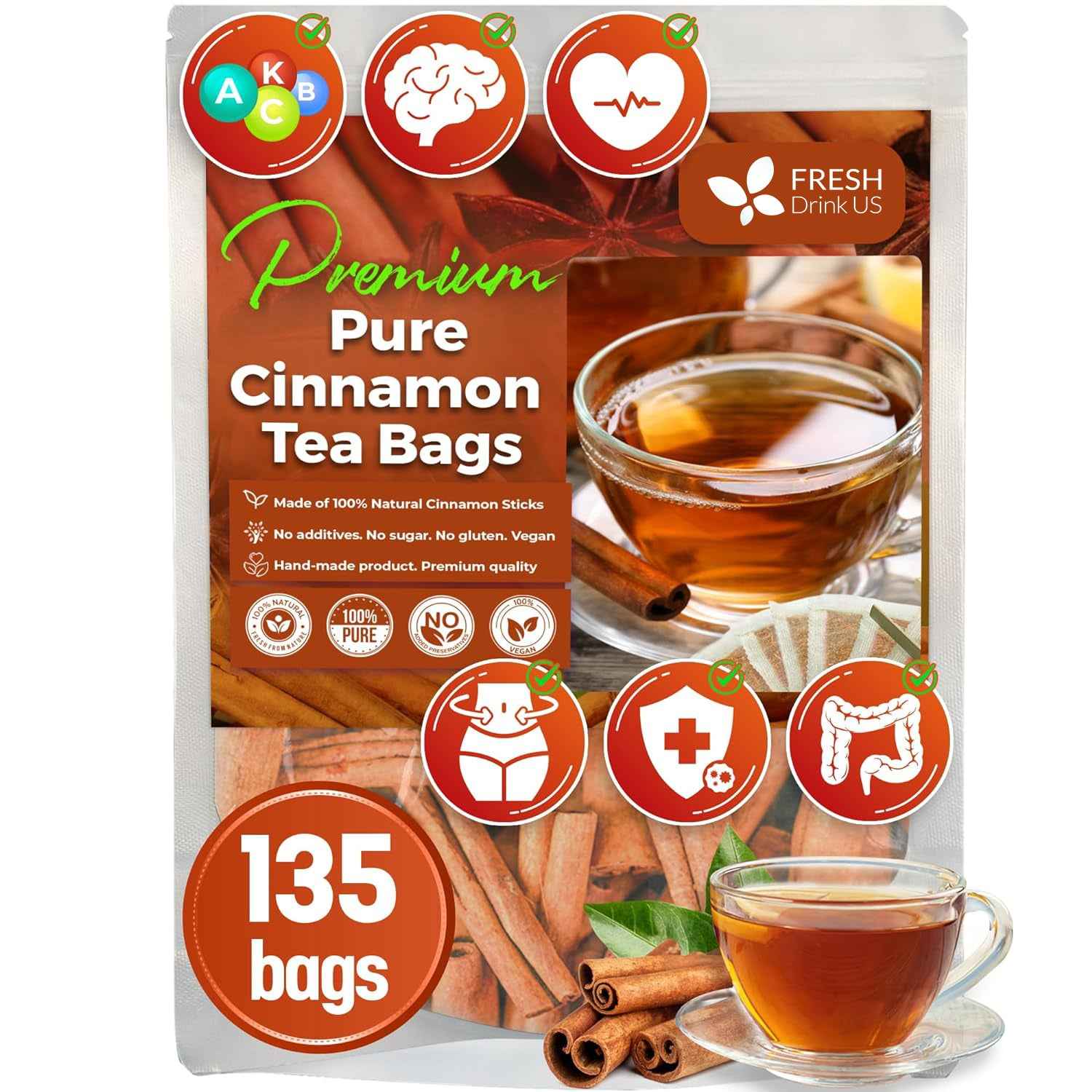 Pure Cinnamon Tea, 100% Natural & Pure Cinnamon. Cinnamon Herbal Tea. Cinnamon Stick Herbal Spice Tea. No Sugar, No Caffeine, No Gluten, Vegan.