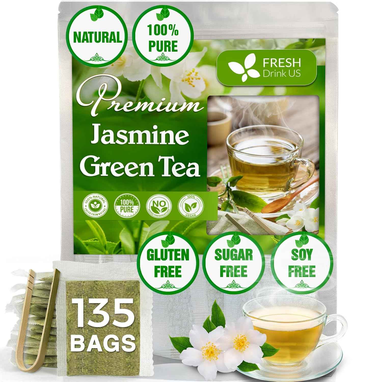 Premium Jasmine Green Tea Bags. Jasmine Green Herbal Tea. Made with Natural Material Tea Bags. No Sugar, No Gluten, Vegan.