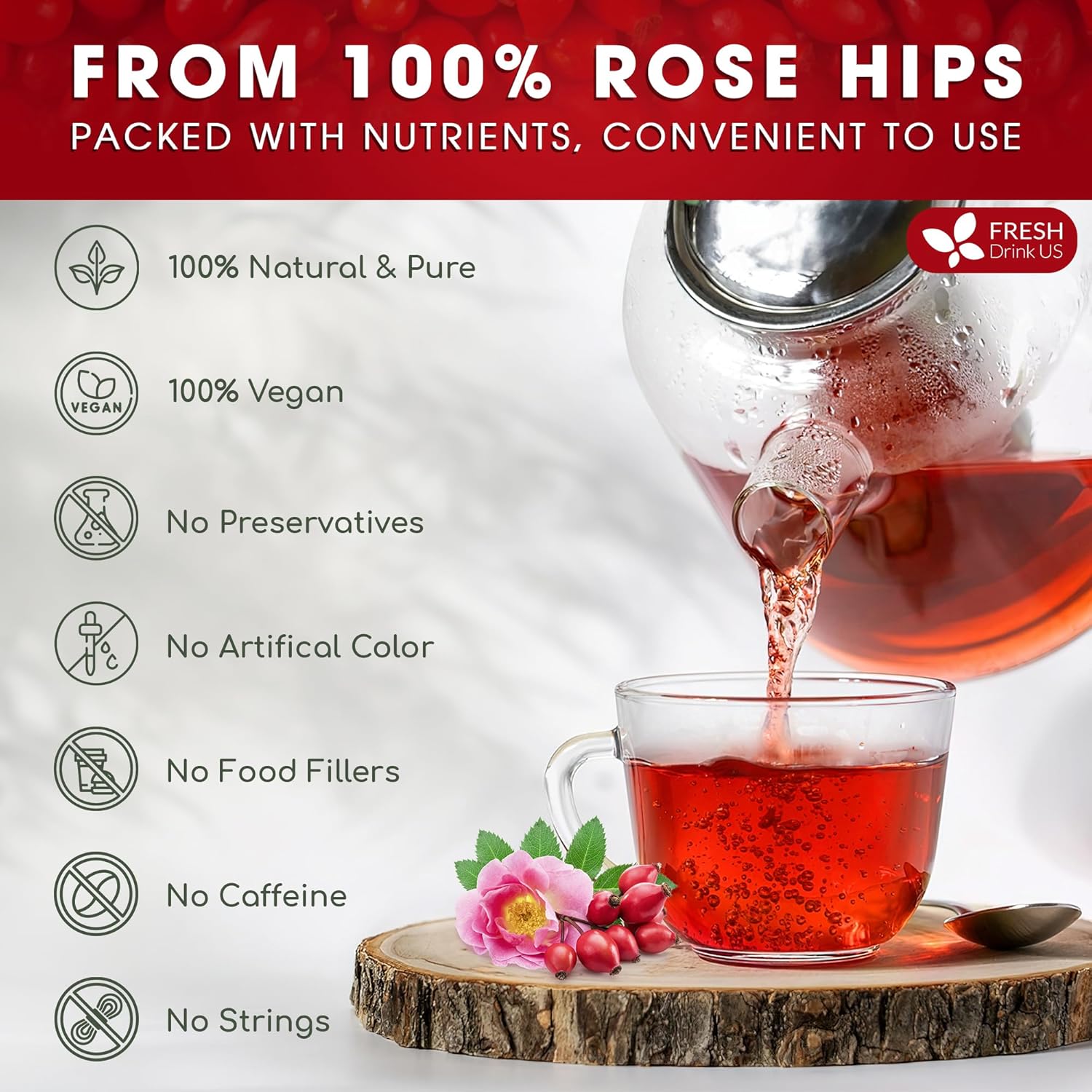 Premium Rosehip Tea Bags, 100% Natural & Pure from Rose Hip Fruits. by FreshDrinkUS - Natural and Premium Herbal Tea