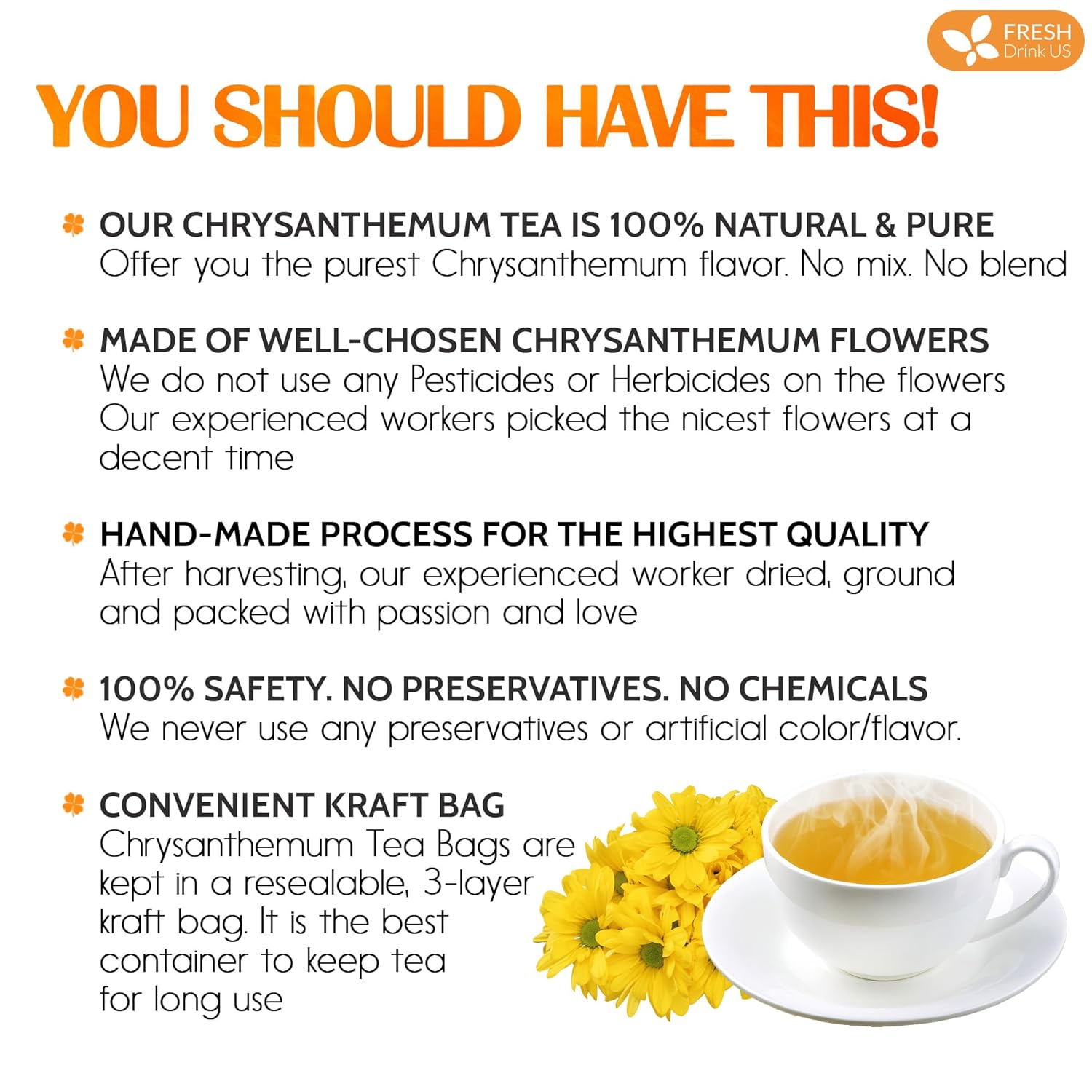 Premium Chrysanthemum Flower Tea Bags. Chrysanthemum Flower Herbal Tea. No Sugar, No Caffeine, No Gluten, Vegan. by FreshDrinkUS - Natural and Premium Herbal Tea