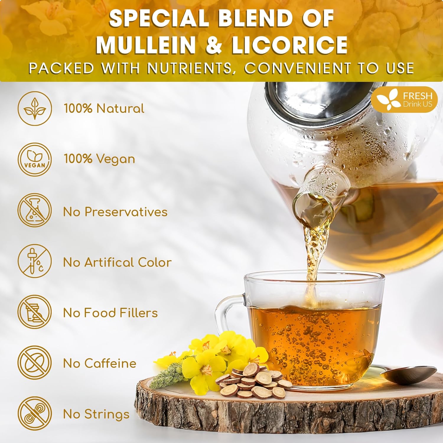 Premium Mullein Licorice Tea Bags. 100% Natural, Blend of Mullein Leaves, and Licorice Root. by FreshDrinkUS - Natural and Premium Herbal Tea