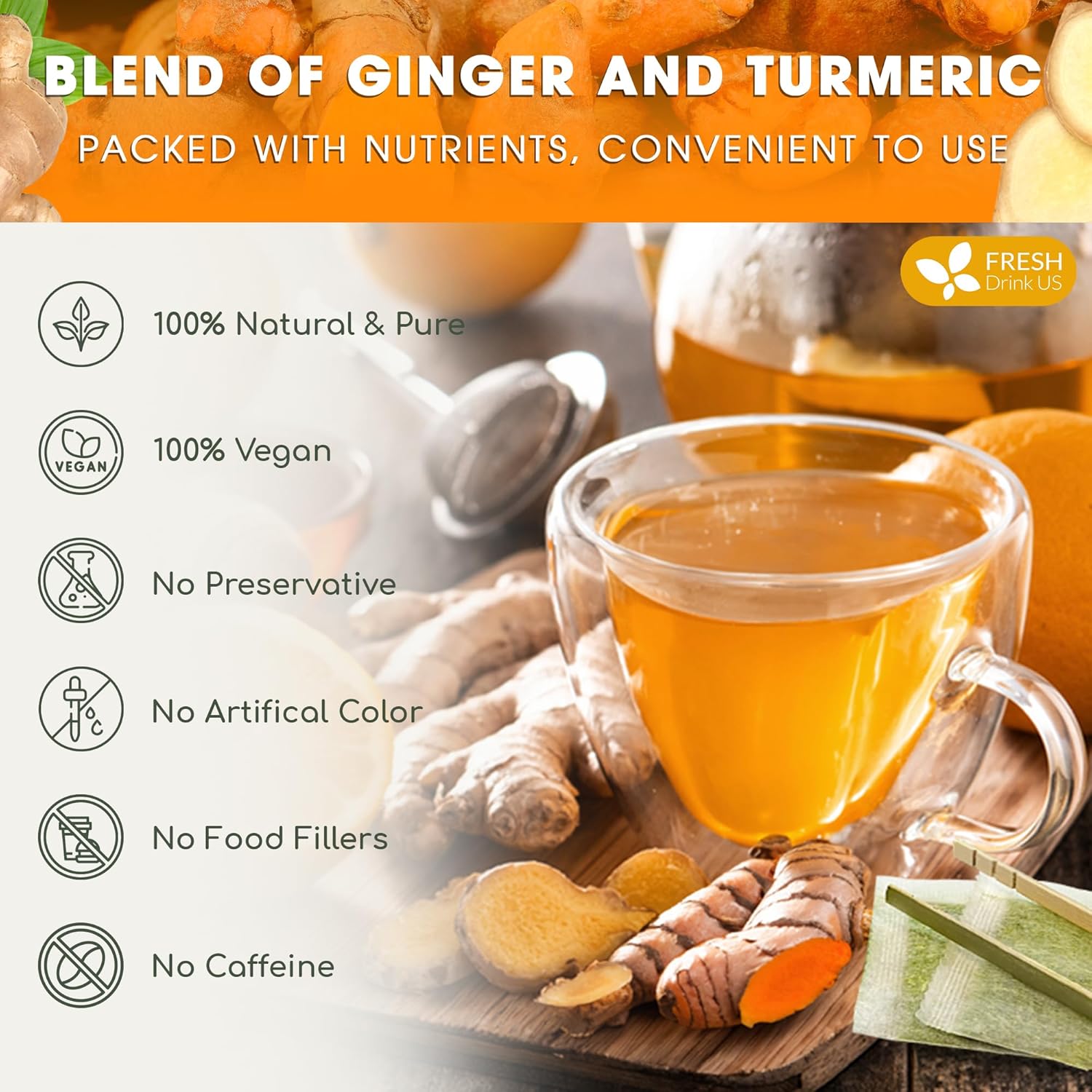 Premium Ginger Turmeric Tea Bags, Hand-made Blend of Ginger and Turmeric Herbal Tea, Eco-conscious Tea Bags. No Sugar, No Caffeine, No Gluten, Vegan. by FreshDrinkUS - Natural and Premium Herbal Tea