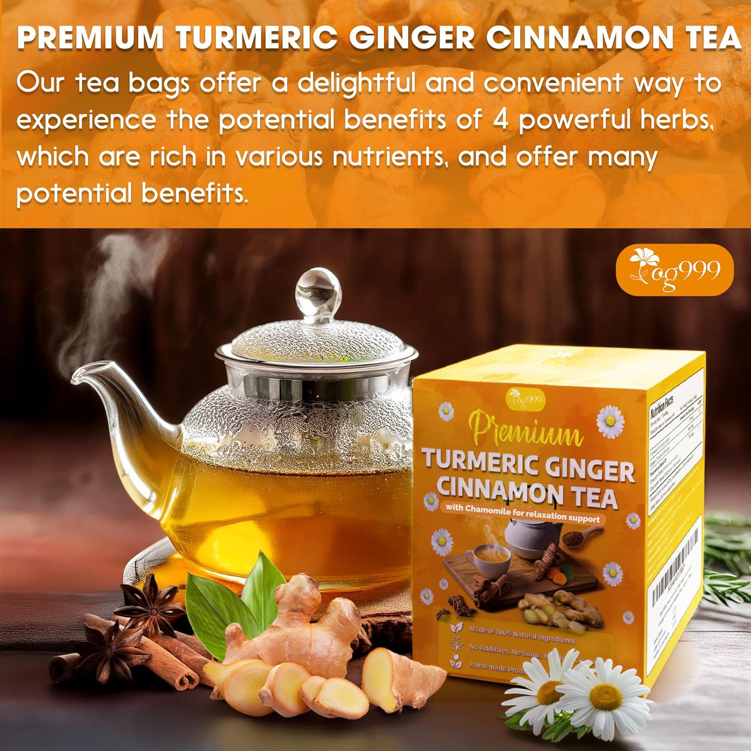 Premium Turmeric, Ginger, Cinnamon & Chamomile Flowers Tea | Improve Digestion, Support Brain, Weight, Skin and Sleep, Eco-Conscious Tea Bags by FreshDrinkUS - Natural and Premium Herbal Tea