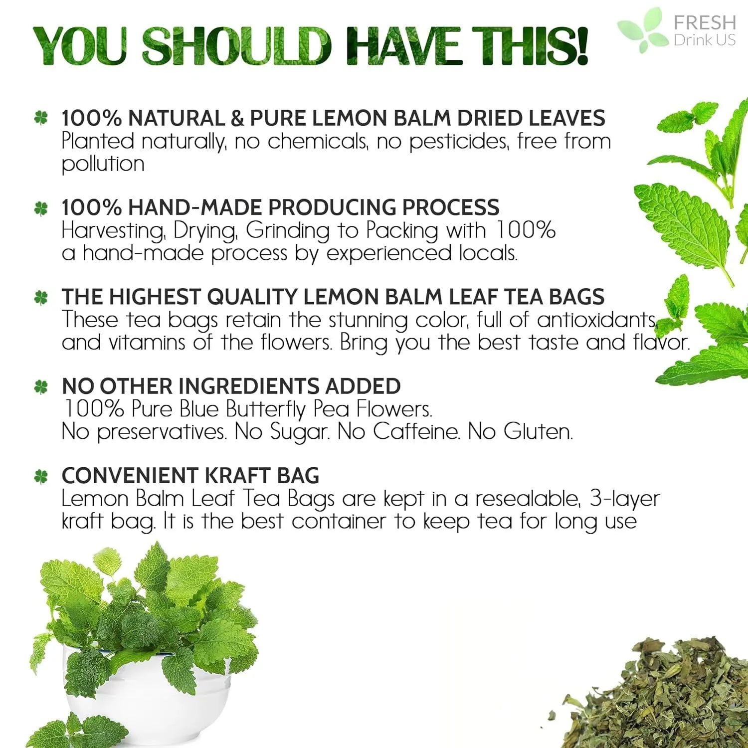 Premium Lemon Balm Leaf Tea Bags, 100% Natural & Pure from Lemon Balm Leaves. Loose Leaf Lemon Balm Herbal Tea. Lemon Balm Leaf Tea. No Sugar, No Caffeine, No Gluten, Vegan. by FreshDrinkUS - Natural and Premium Herbal Tea