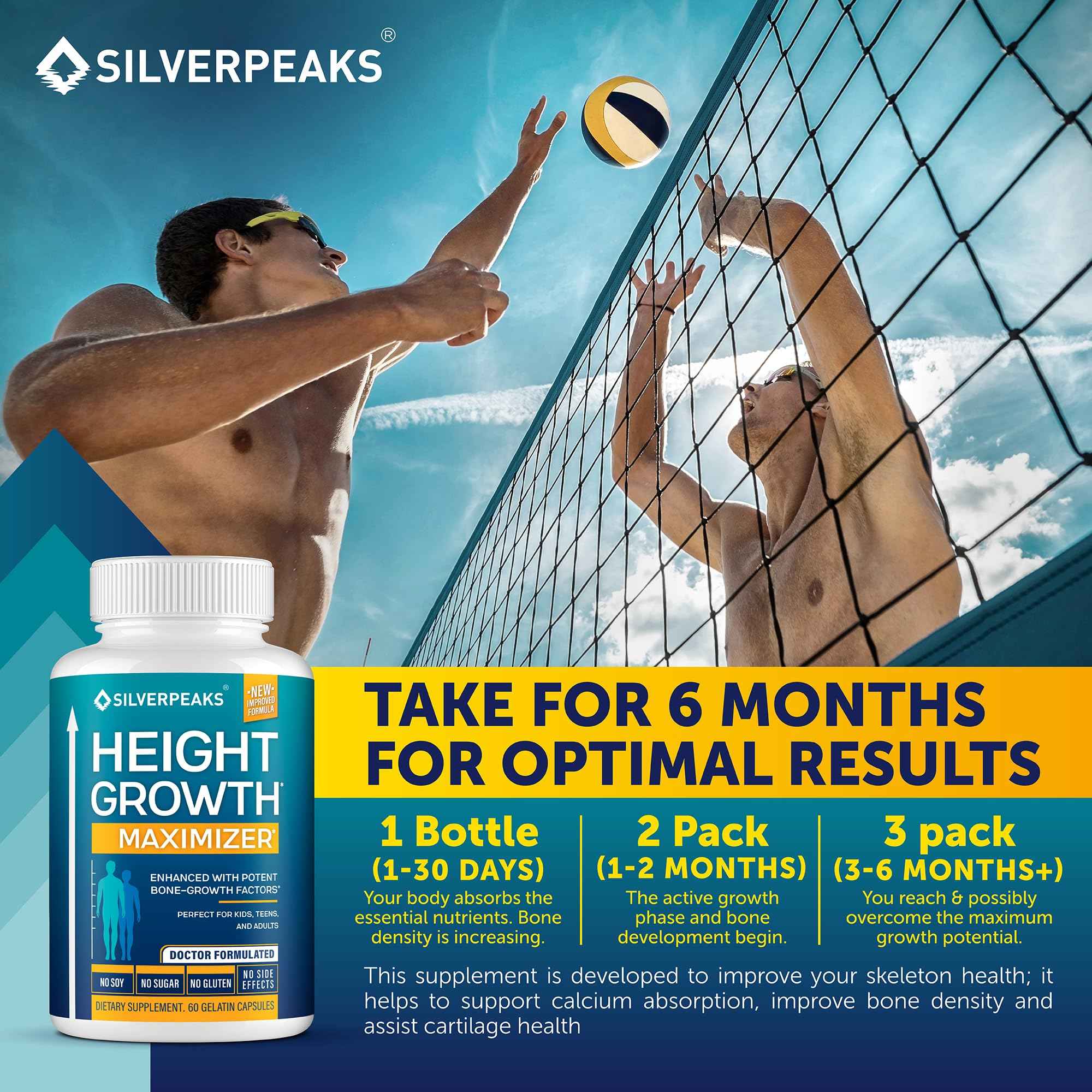 SILVERPEAKS Growth Capsules to Grow Taller - Height Growth Maximizer with Calcium for Bone Strength - Made in USA - Natural Get Taller Supplement - Free of Growth Hormone