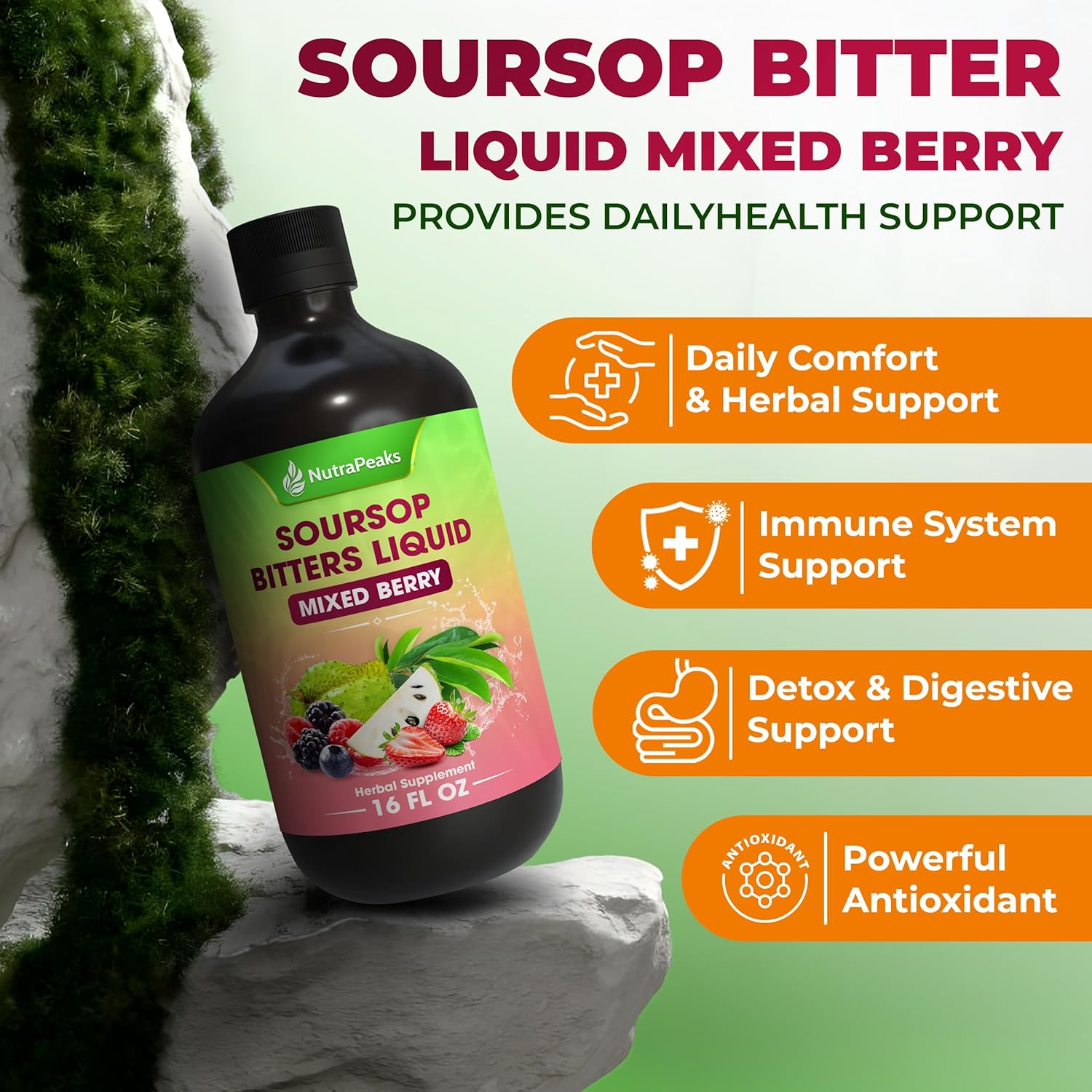 Soursop Bitters Liquid – Herbal Daily Wellness Formula with Soursop, Ginger, Turmeric & Black Seed Mixed Berry Flavor by FreshDrinkUS - Natural and Premium Herbal Tea