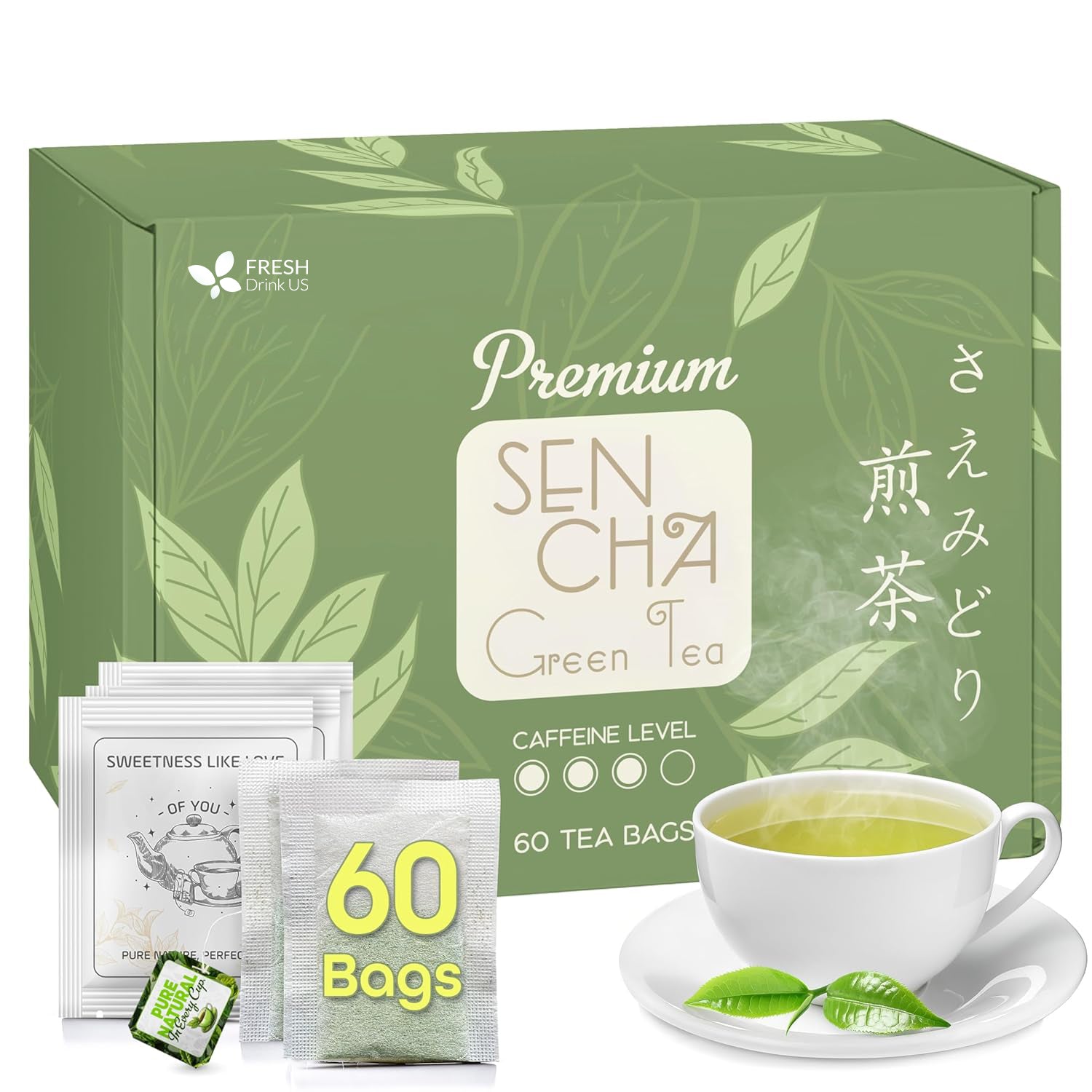 Premium Sencha Green Tea Bags, 100% Natural & Pure from Sencha Green Tea Leaves by FreshDrinkUS - Natural and Premium Herbal Tea
