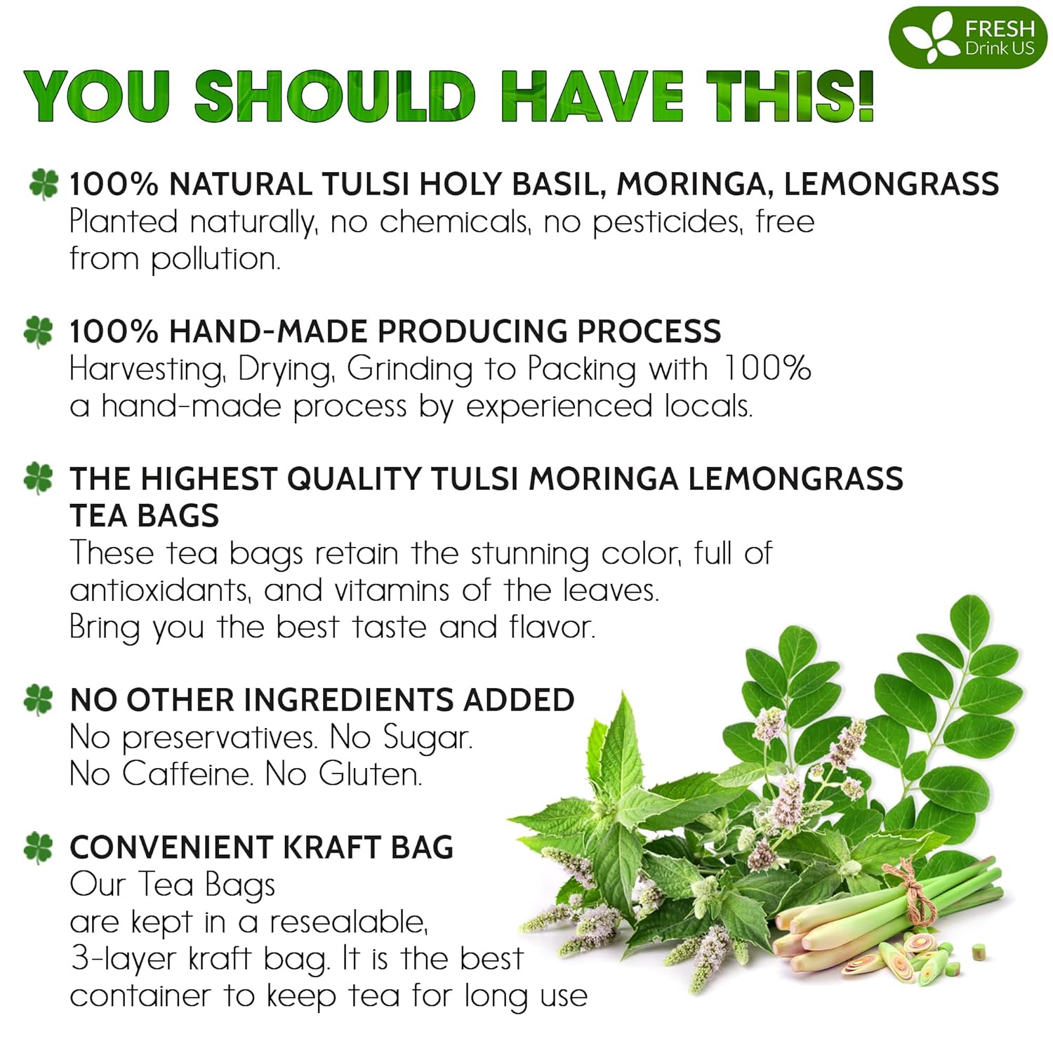 Premium Tulsi Moringa Lemongrass Tea Bags, 100% Natural & Pure from Tulsi Holy Basil Leaves, Moringa & Lemongrass. by FreshDrinkUS - Natural and Premium Herbal Tea