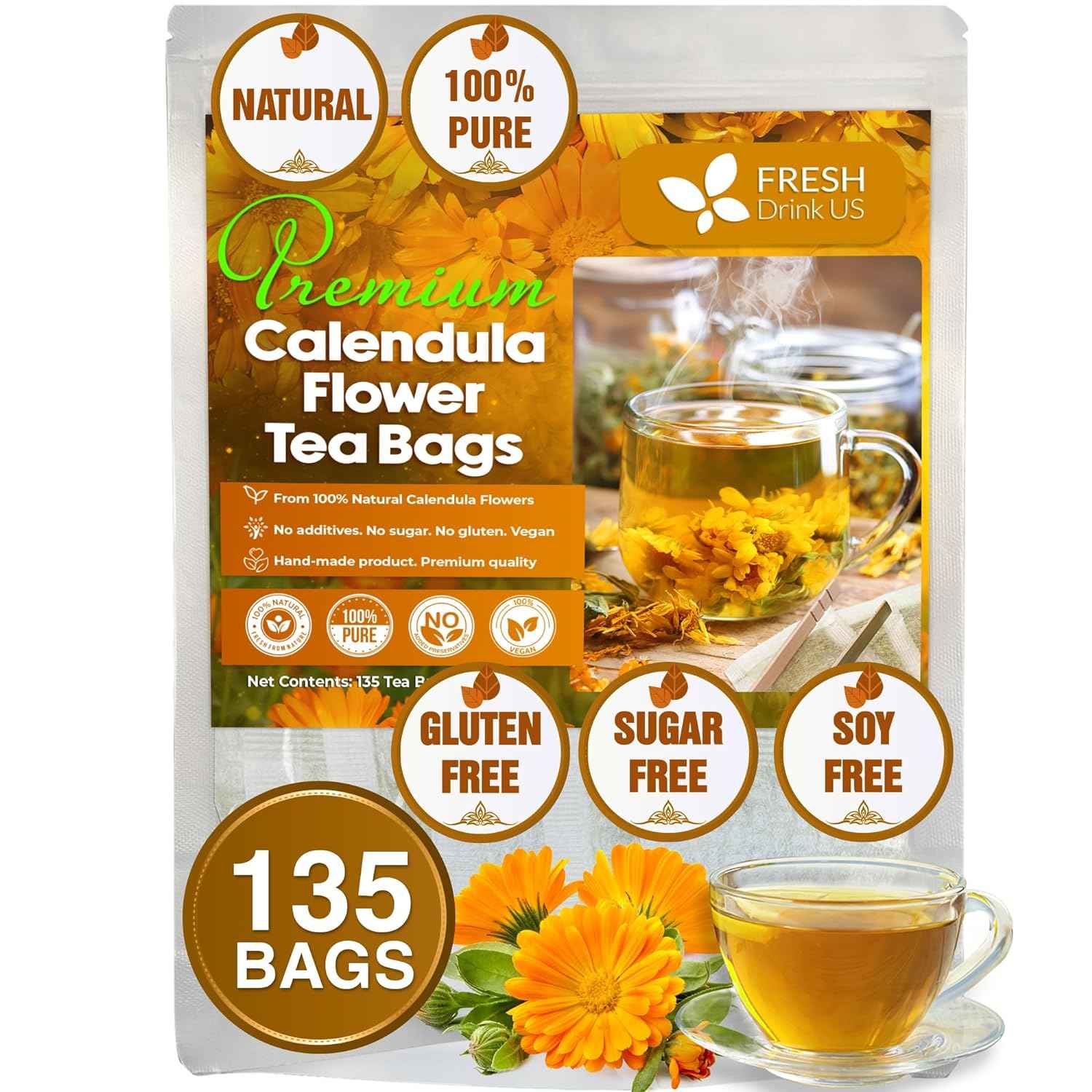 Calendula Tea Bags, 100% Natural and Pure Calendula Flowers, Eco-conscious Tea Bags. Calendula Flower Herbal Tea. No Sugar, No Caffeine, No Gluten, Vegan.