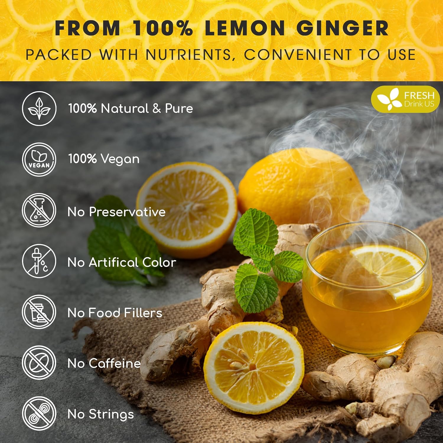 Premium Lemon Ginger Tea Bag, Eco-conscious Tea Bags. Lemon Ginger Herbal Tea. No Sugar, No Caffeine, No Gluten, Vegan. by FreshDrinkUS - Natural and Premium Herbal Tea