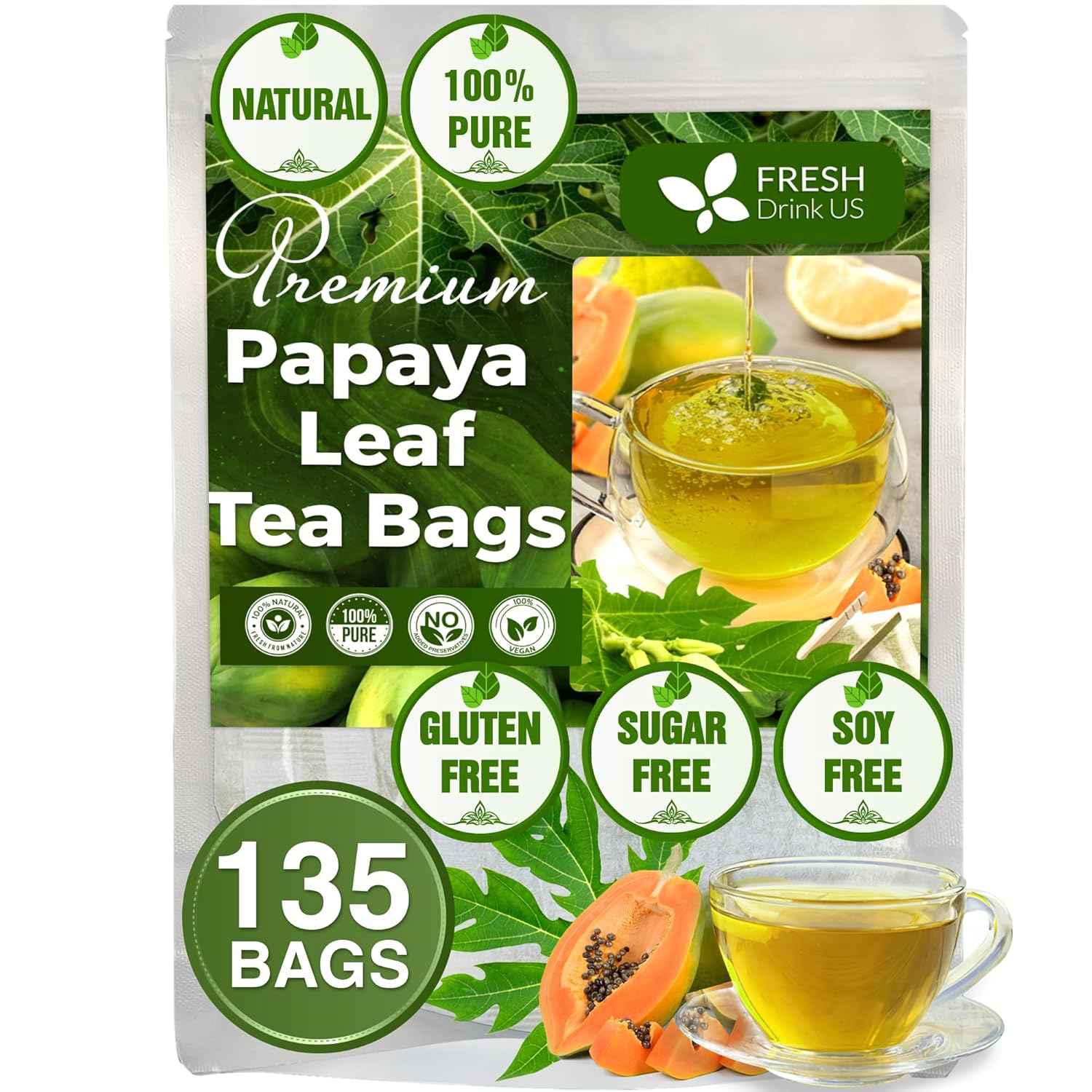 Premium Papaya Leaf Tea Bags, Made with Natural Material Tea Bags. No Sugar, No Caffeine, No Gluten, Vegan.