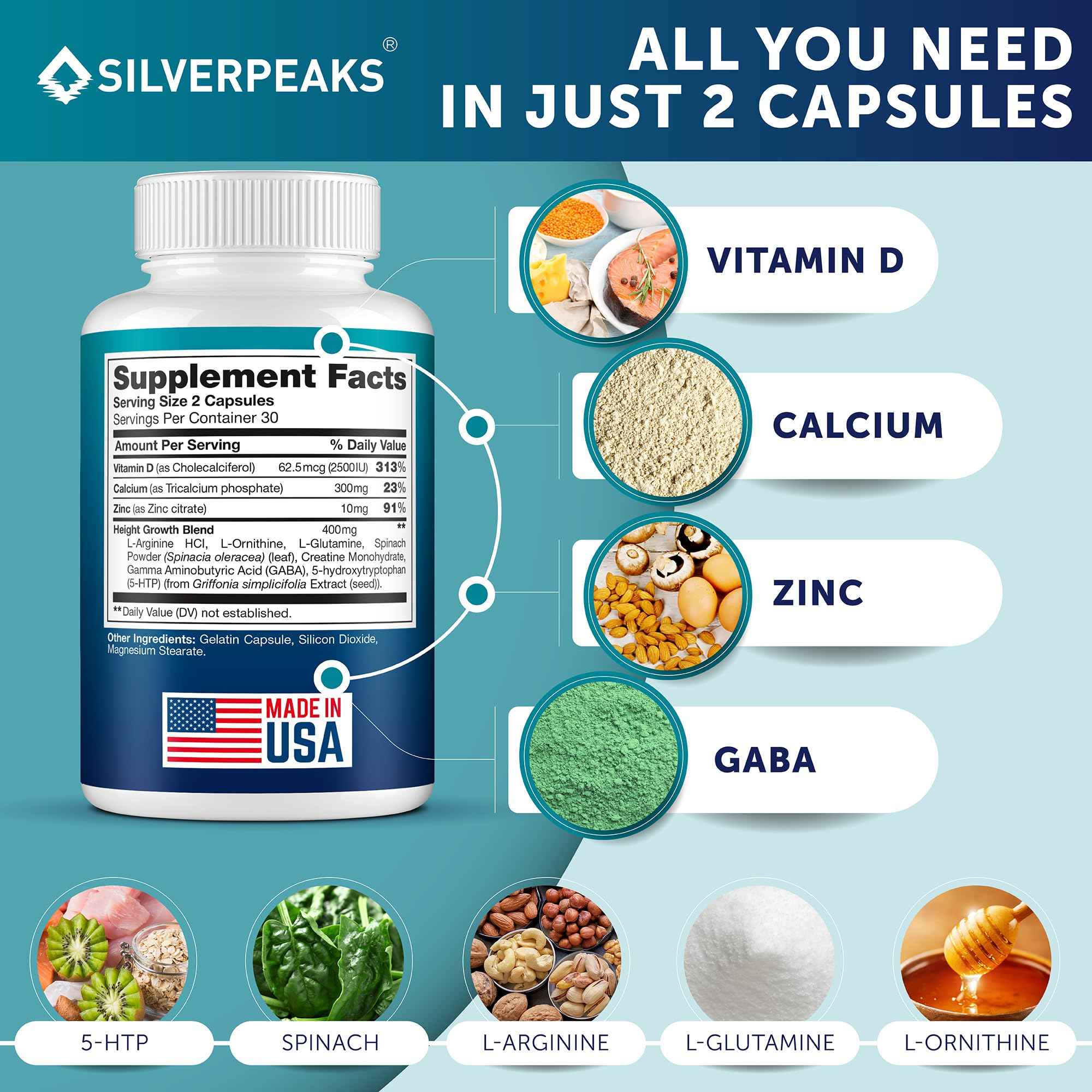 SILVERPEAKS Growth Capsules to Grow Taller - Height Growth Maximizer with Calcium for Bone Strength - Made in USA - Natural Get Taller Supplement - Free of Growth Hormone