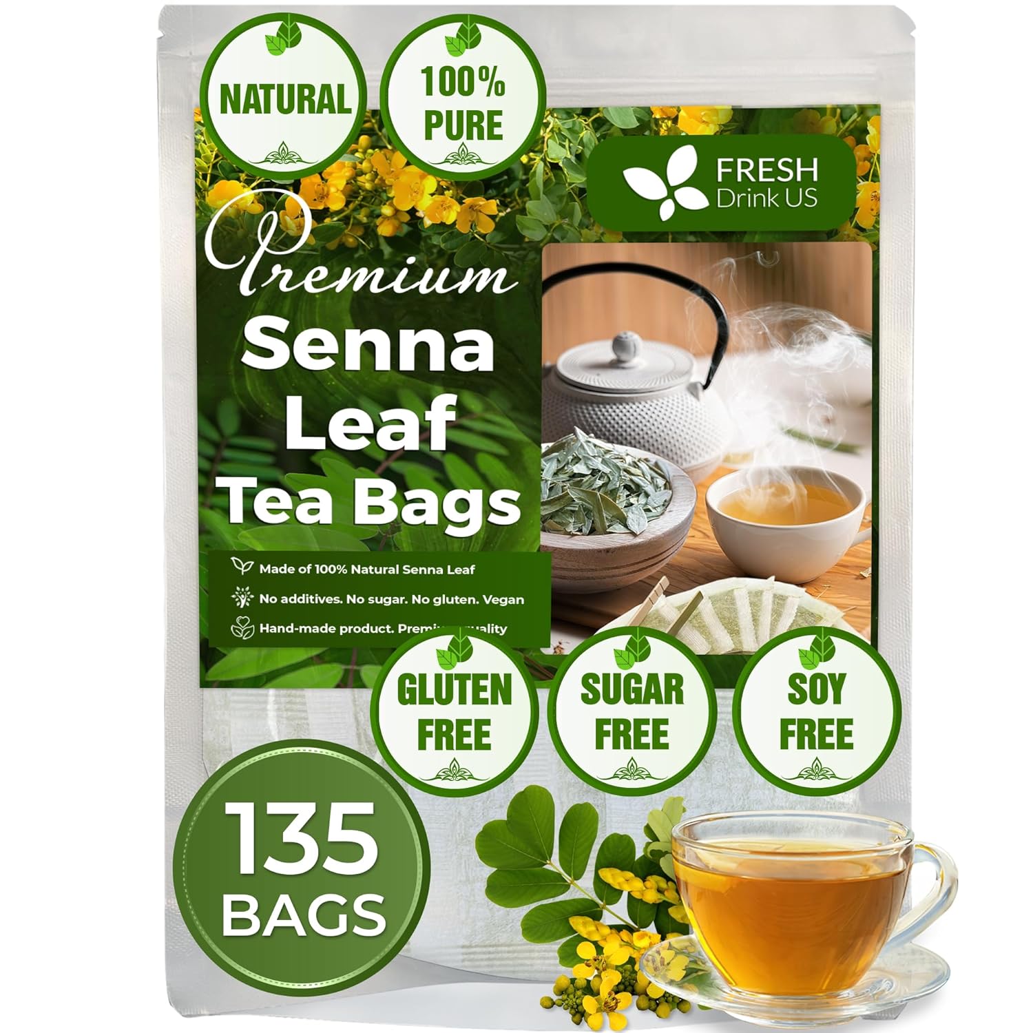 Premium Senna Leaf Tea Bags, 100% Natural & Pure from Senna Leaves. Loose Leaf Senna Herbal Tea, Made with Natural Material Tea Bags, Senna Leaf Tea. No Sugar, No Caffeine, No Gluten, Vegan. by FreshDrinkUS - Natural and Premium Herbal Tea