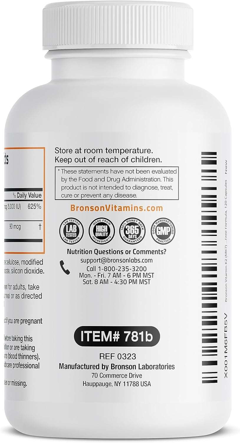 Bronson Vitamin K2 (MK7) with D3 Supplement Non-GMO Formula 5000 IU Vitamin D3 & 90 mcg Vitamin K2 MK-7 Easy to Swallow Vitamin D & K Complex, 120 Capsules by NutritionAdvice
