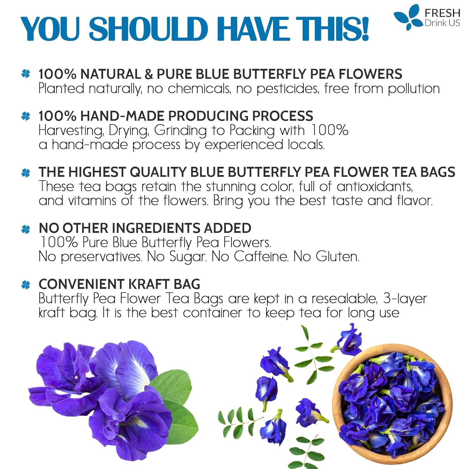 Premium Butterfly Pea Flowers, Tea Bags, 100% Natural and Pure from Butterfly Pea Flowers, Hand-made, Made With Natural Materials-Corn Fiber Tea Bag, Sugar/Caffeine/Gluten Free by FreshDrinkUS - Natural and Premium Herbal Tea