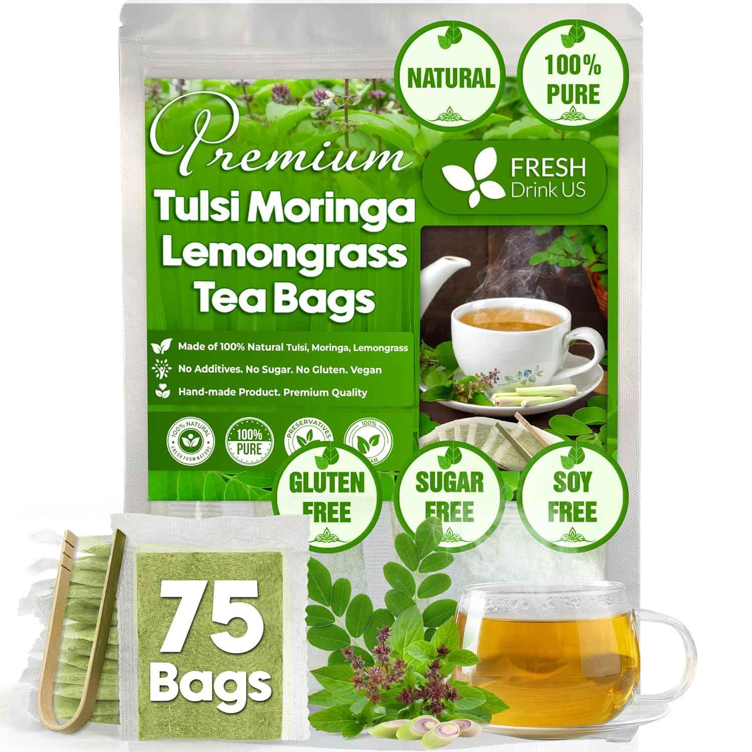Premium Tulsi Moringa Lemongrass Tea Bags, 100% Natural & Pure from Tulsi Holy Basil Leaves, Moringa & Lemongrass.