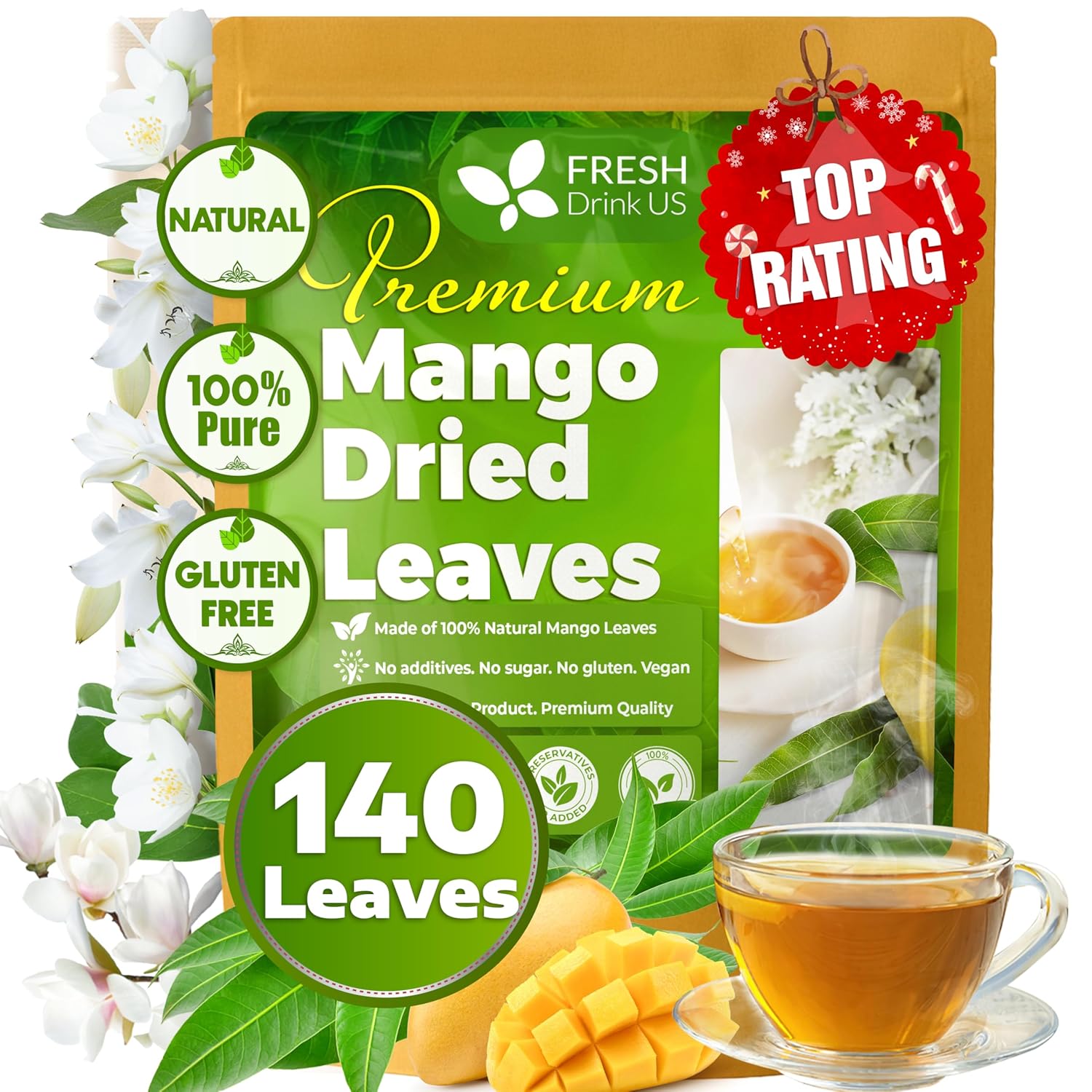 Mango Leaf, Whole Dried Leaves, Tea Bags, Powder, 100% Natural & Pure from Mango Leaves. Mango Dried Leaves. Loose Leaf Mango Herbal Tea. Mango Leaf Tea. No Sugar, No Caffeine, No Gluten, Vegan. by FreshDrinkUS - Natural and Premium Herbal Tea
