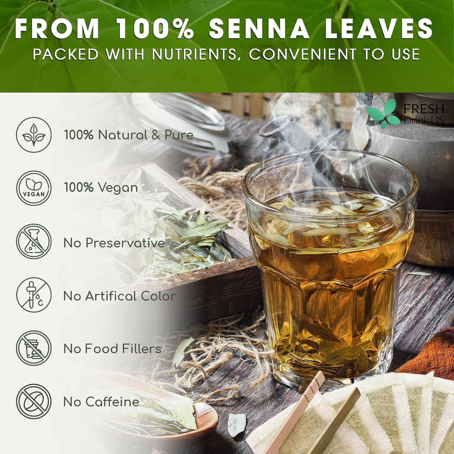 Premium Senna Leaf Tea Bags, 100% Natural & Pure from Senna Leaves. Loose Leaf Senna Herbal Tea, Made with Natural Material Tea Bags, Senna Leaf Tea. No Sugar, No Caffeine, No Gluten, Vegan. by FreshDrinkUS - Natural and Premium Herbal Tea