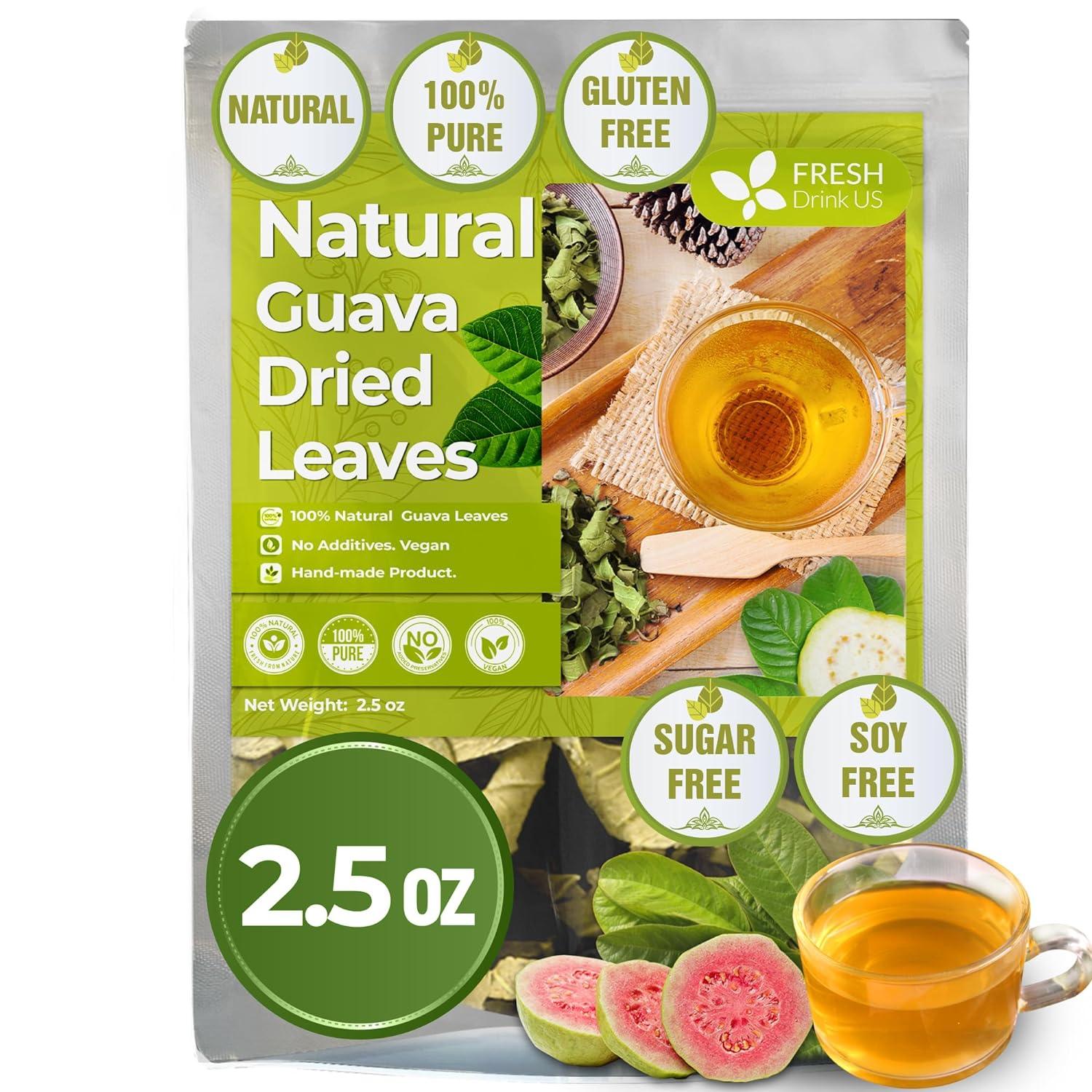 Natural Guava Leaves, Whole Dried Leaves, Cut-and-Sifted Guava leaves, 100% Pure from Guava Leaves, Natural Guava Loose Leaf Herbal Tea, No Additives, No Caffeine, Vegan by FreshDrinkUS - Natural and Premium Herbal Tea