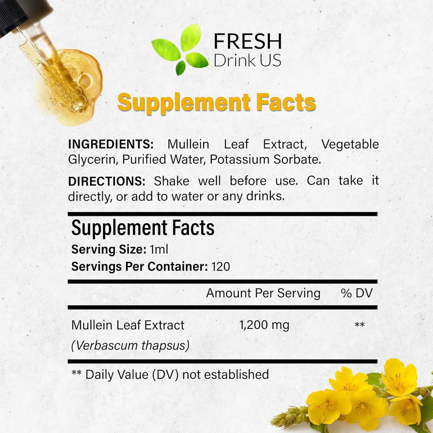 Mullein Drops for Lungs Cleanse Support, Mullein Extract Liquid – 100% from Natural Mullein Leaves, Non-GMO, Gluten-Free by FreshDrinkUS - Natural and Premium Herbal Tea