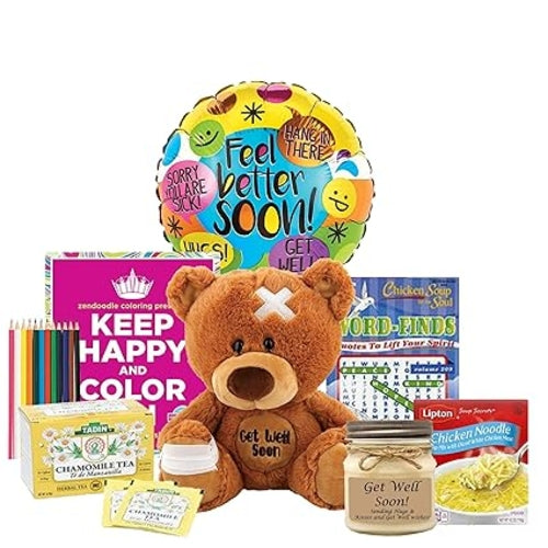 Sending Good Vibes Get Well Care Package - Teddy Bear, Candle & Balloon for Women