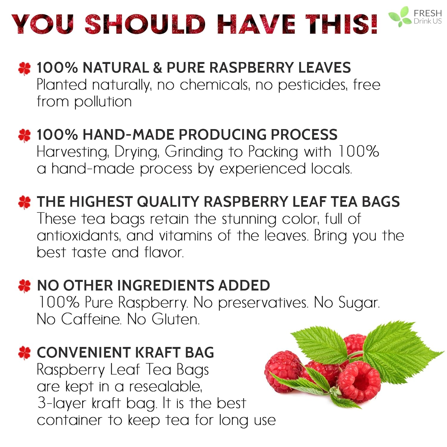 Raspberry Leaf Tea Bags, 100% Natural & Pure from Raspberry Leaves. Loose Leaf Raspberry Herbal Tea, Made with Natural Material Tea Bags, Raspberry Leaf Tea. No Sugar, No Caffeine, No Gluten, Vegan. by FreshDrinkUS - Natural and Premium Herbal Tea